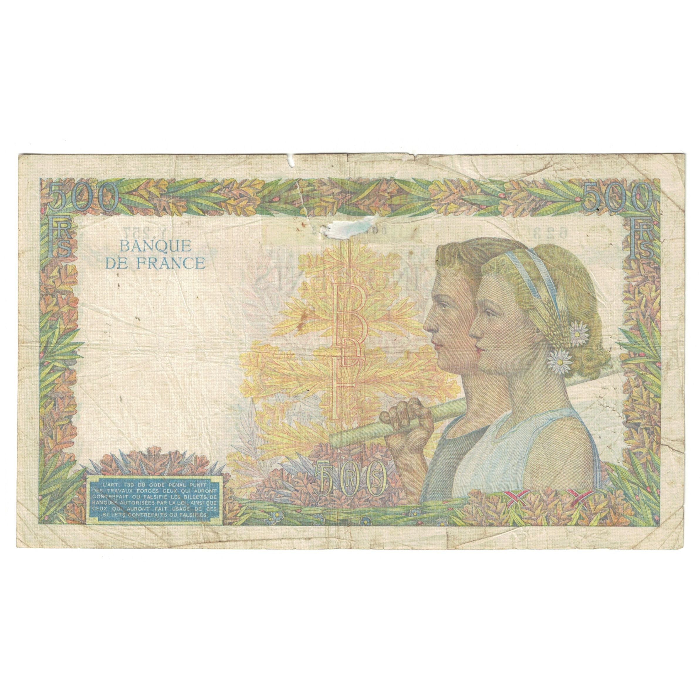 França, 500 Francs, La Paix, 1940, Y.257623, VF(20-25), Fayette:32.02, KM:95a