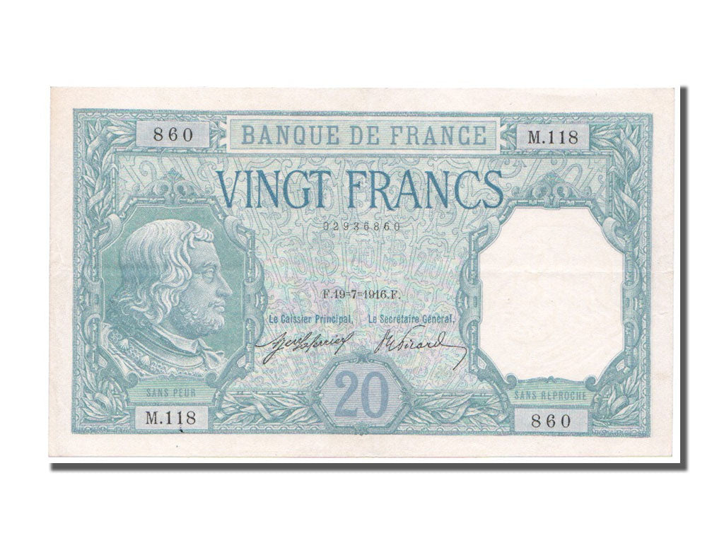 France, 20 Francs, 20 F 1916-1919 ''Bayard'', 1916, KM #74, 1916-07-19,...