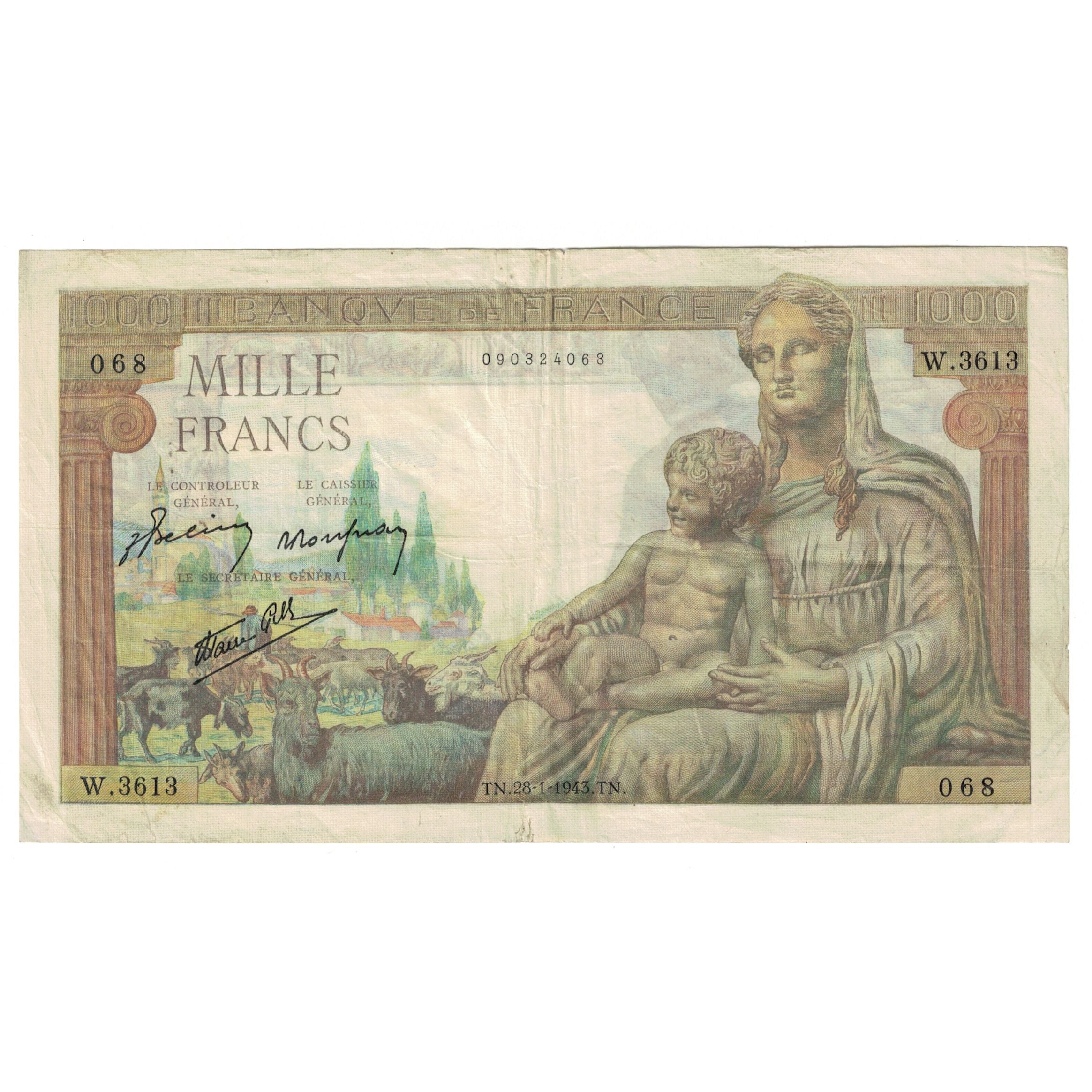 Francia, 1000 Francs, Déesse Déméter, 1943, W.3613068, BB, Fayette:40.17