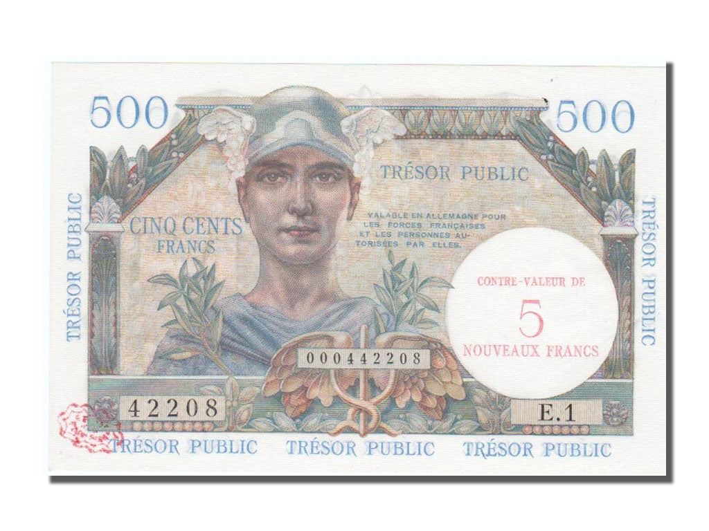 France, 5 Nouveaux Francs on 500 Francs, 1955-1963 Treasury, 1960, KM #M14,...