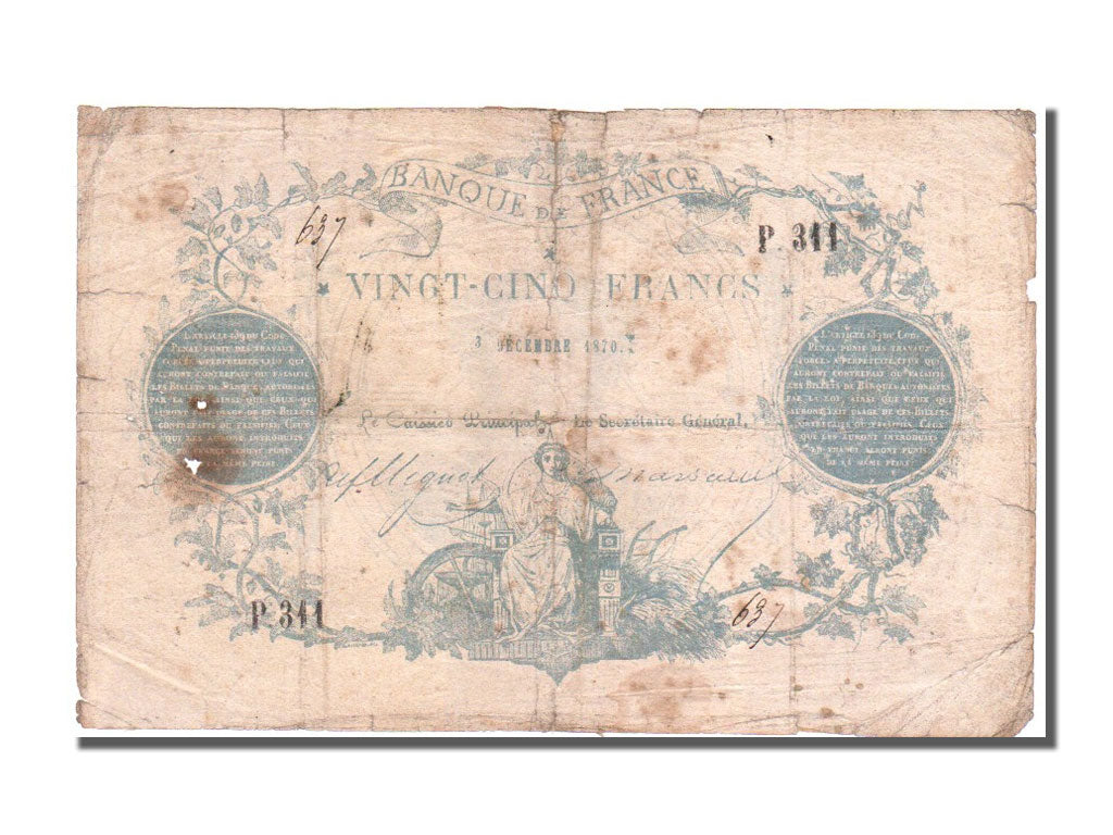 France, 25 Francs, ...-1889 Circulated during XIXth, 1870, KM #56b, 1870-12-03,.