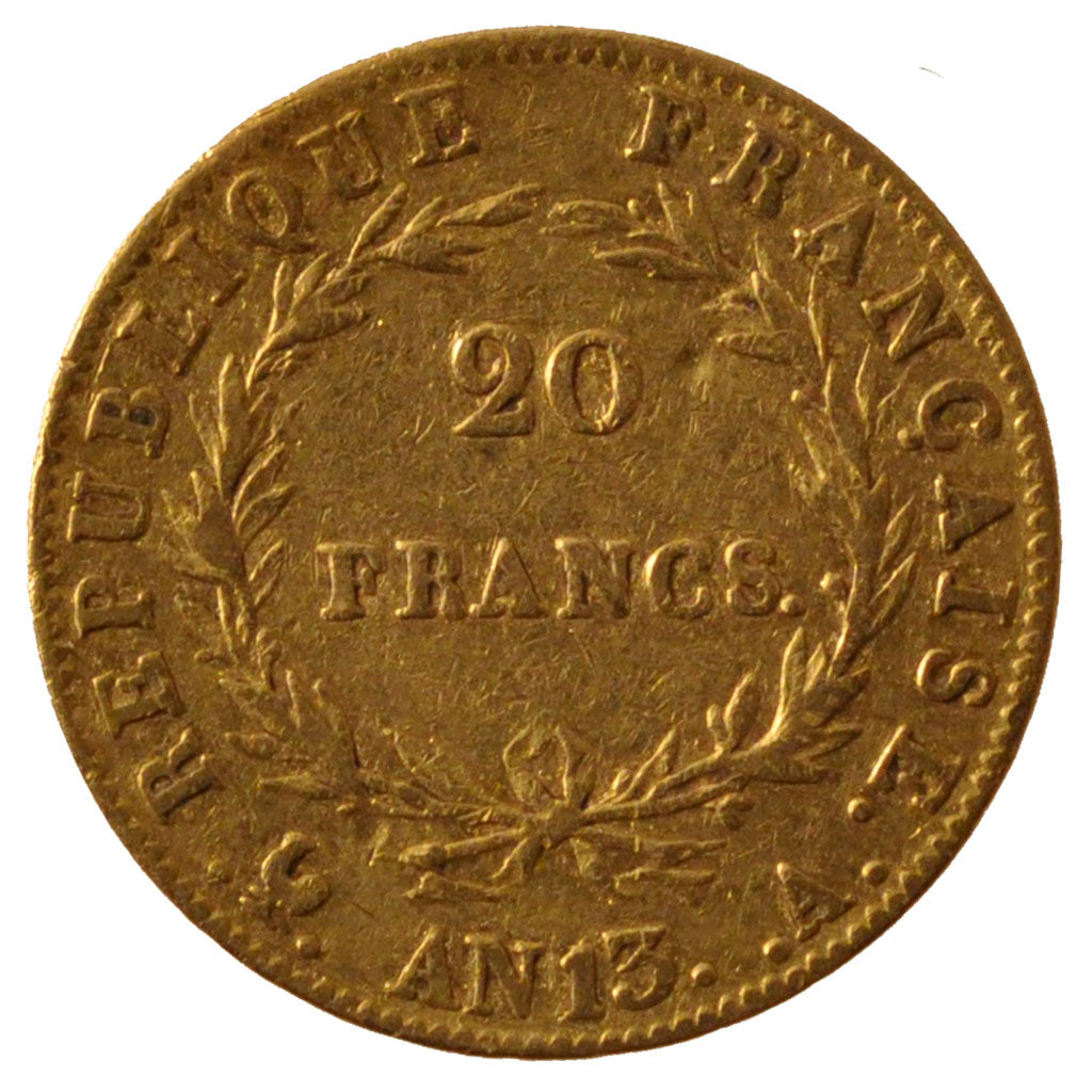 FRANCE, Napoléon I, 20 Francs, 1805, Paris, KM #663.1, VF(30-35), Gold, Gadoury 