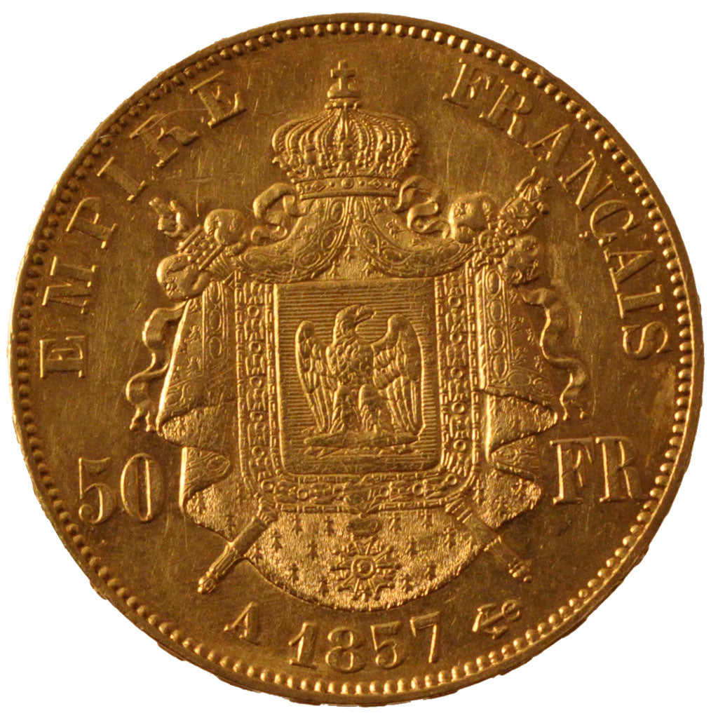FRANCE, Napoléon III, 50 Francs, 1857, Paris, KM #785.1, AU(50-53), Gold, 16.18