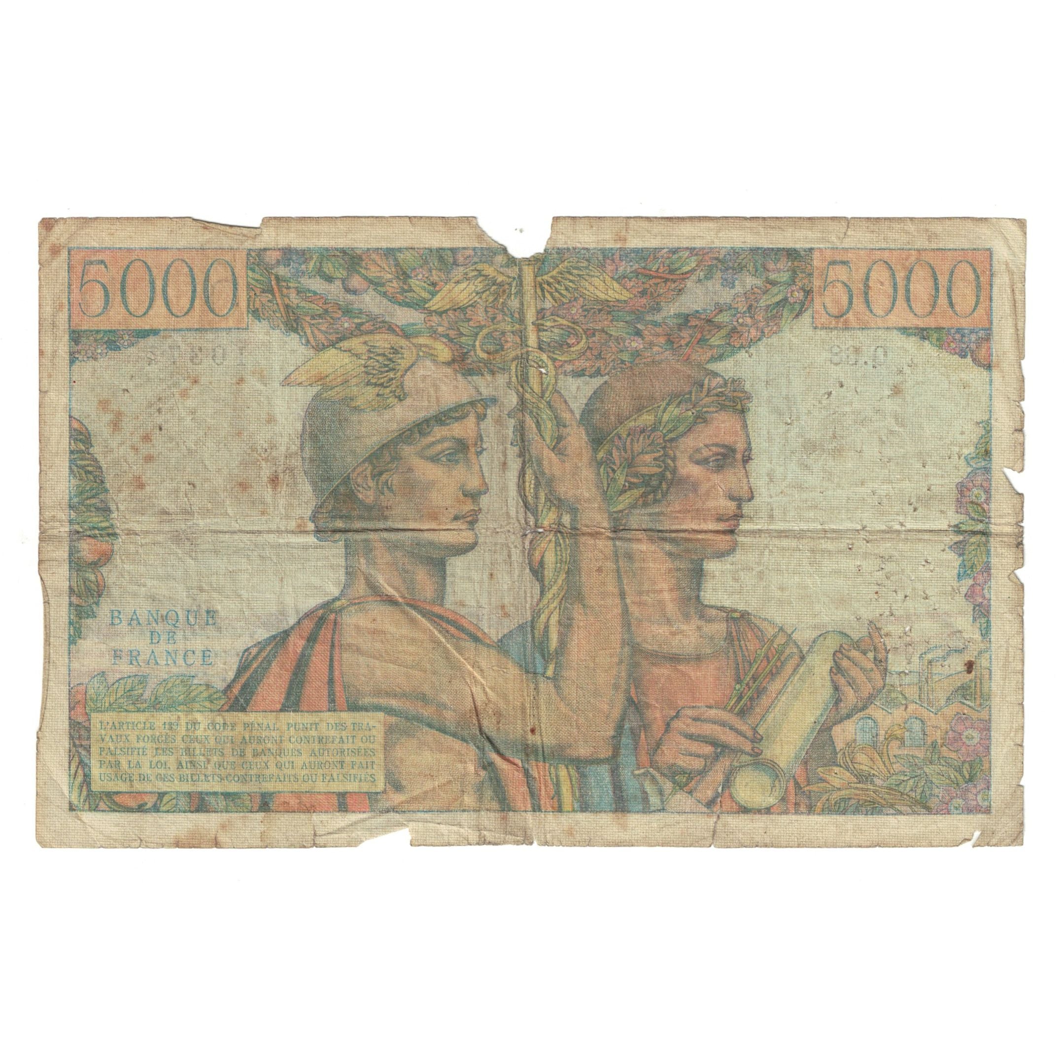 France, 5000 Francs, Terre et Mer, 1951, Q.6810371, B+, Fayette:48.5, KM:131c