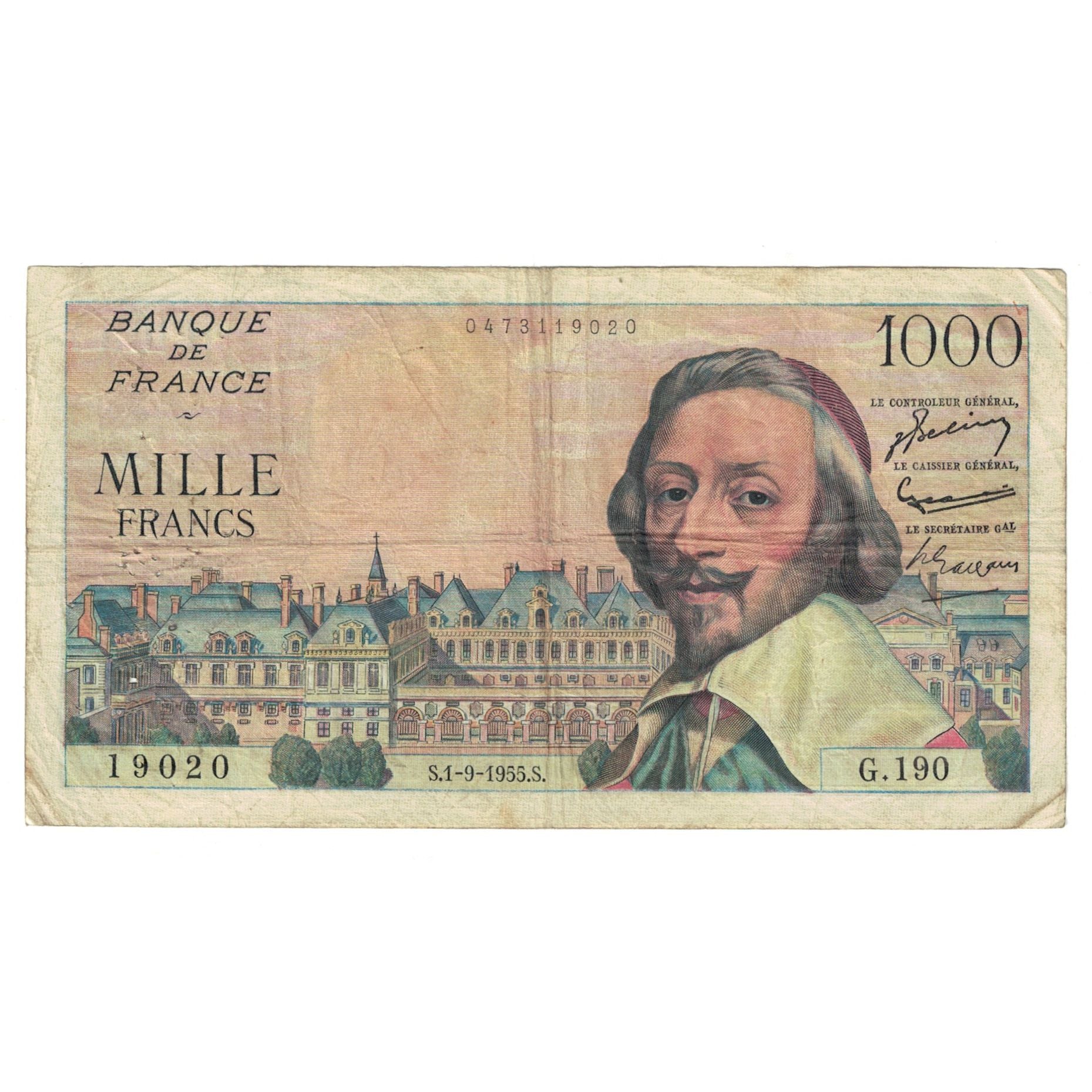 France, 1000 Francs, Richelieu, 1955, G.19019020, VF(30-35), Fayette:42.15