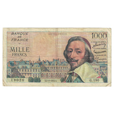 France, 1000 Francs, Richelieu, 1955, G.19019020, VF(30-35), Fayette:42.15