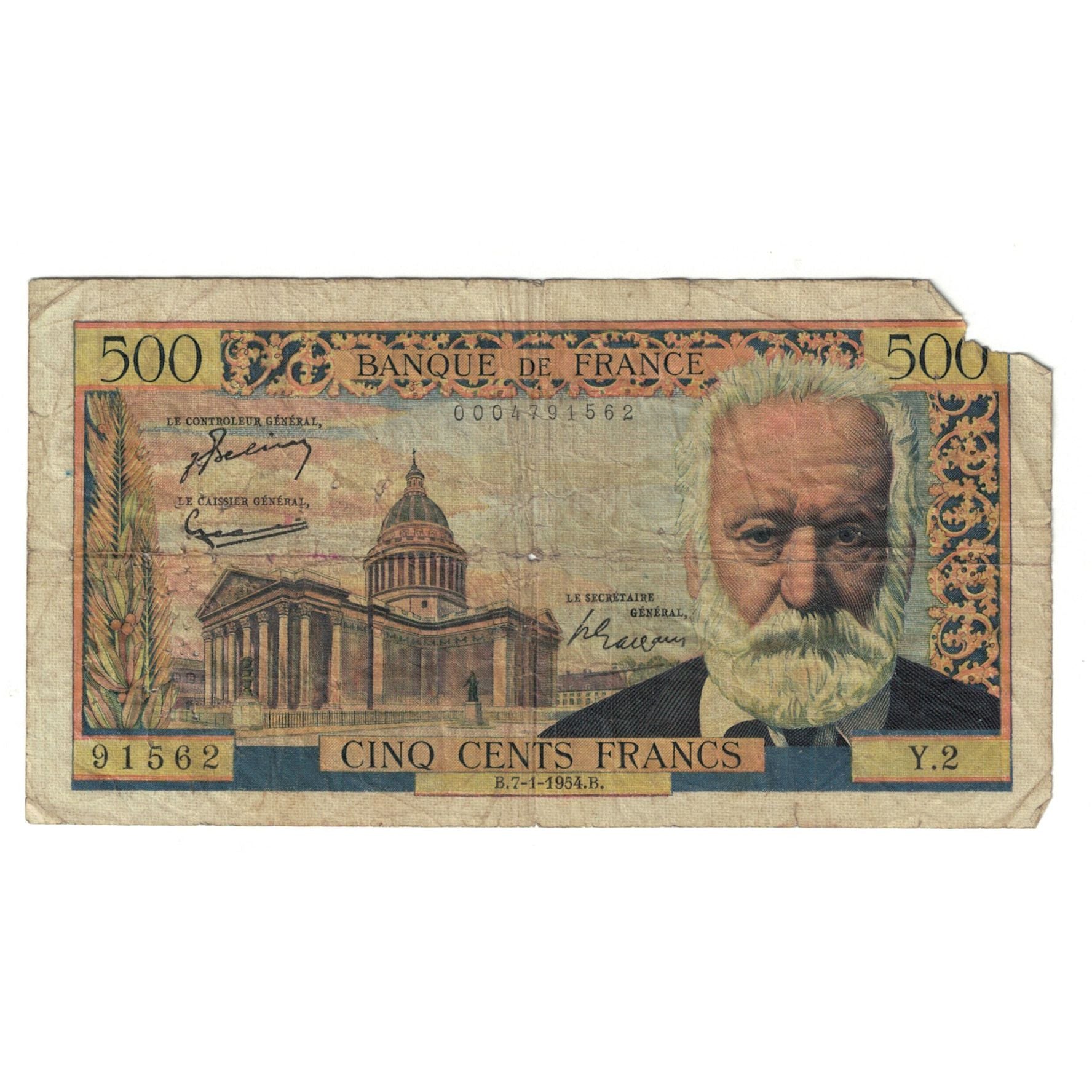 Francia, 500 Francs, Victor Hugo, 1954, Y.291562, B, Fayette:35.1, KM:133a