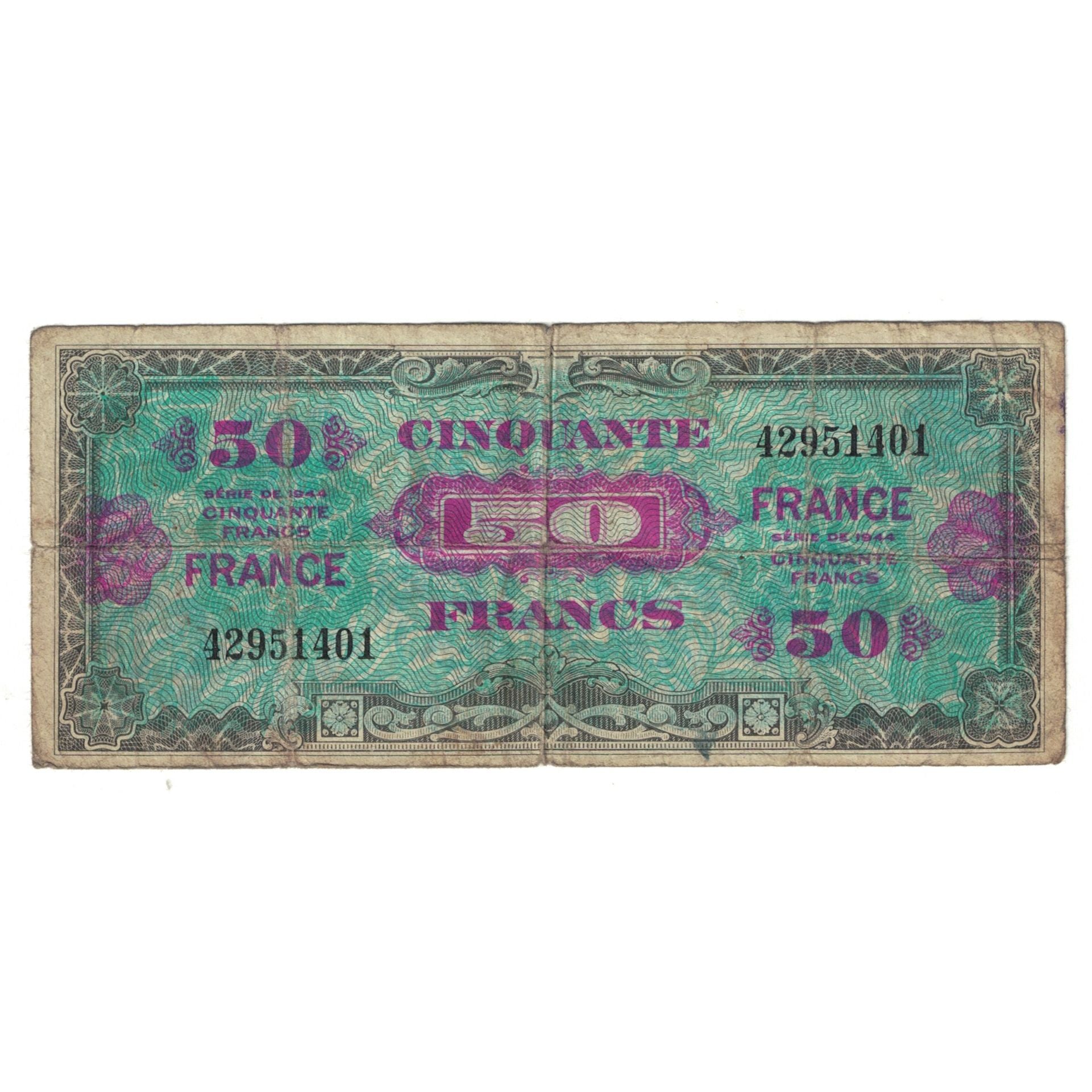 França, 50 Francs, 1944, 42951401, VF(20-25), Fayette:VF24.01, KM:117a
