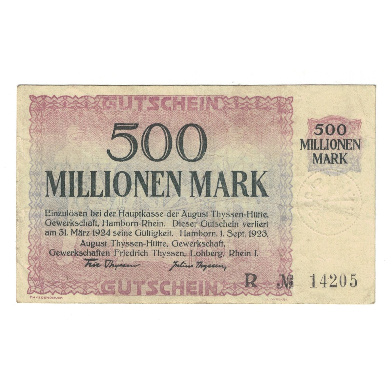 Banknote, Germany, GUTSCHEIN, 500 Millionen Mark, Texte, 1923, 1923-09-01
