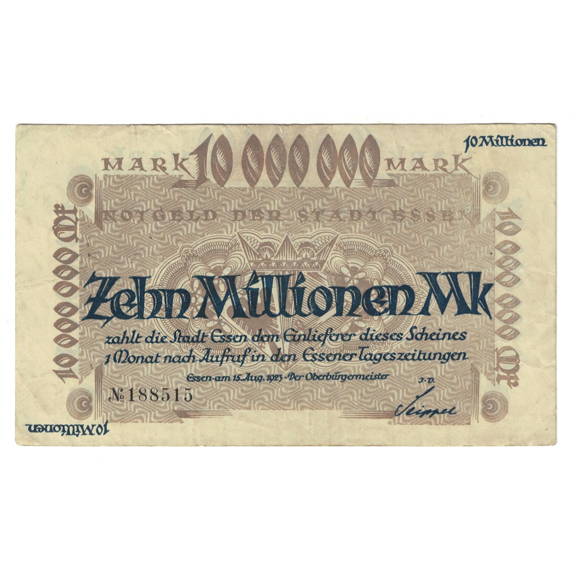 Banknote, Germany, Essen, 10 Millionen Mark, valeur faciale, 1923, 1923-08-15