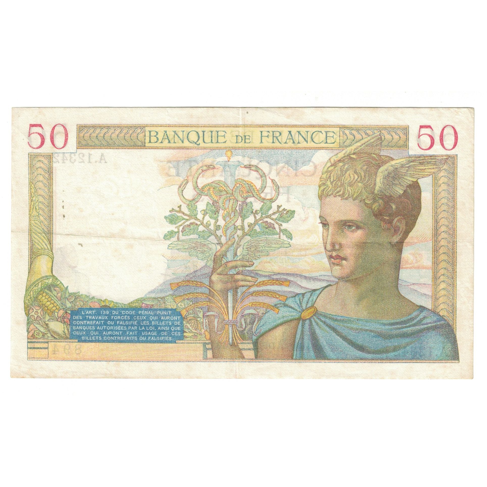 Francja, 50 Francs, Cérès, 1940, A.12342, EF(40-45), Fayette:18.39, KM:85b