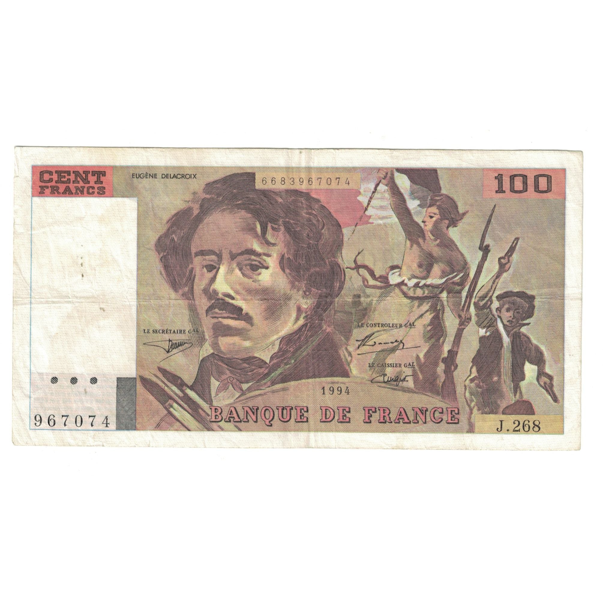 França, 100 Francs, Delacroix, 1994, J.268, EF(40-45), Fayette:69 ter 1b)