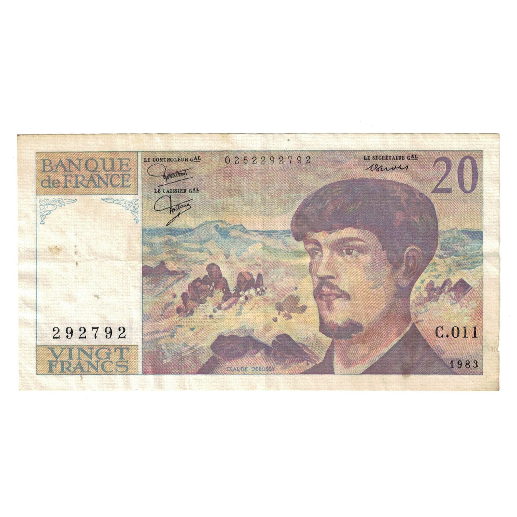 France, 20 Francs, Debussy, 1983, C.011, EF(40-45), Fayette:66.4, KM:151a