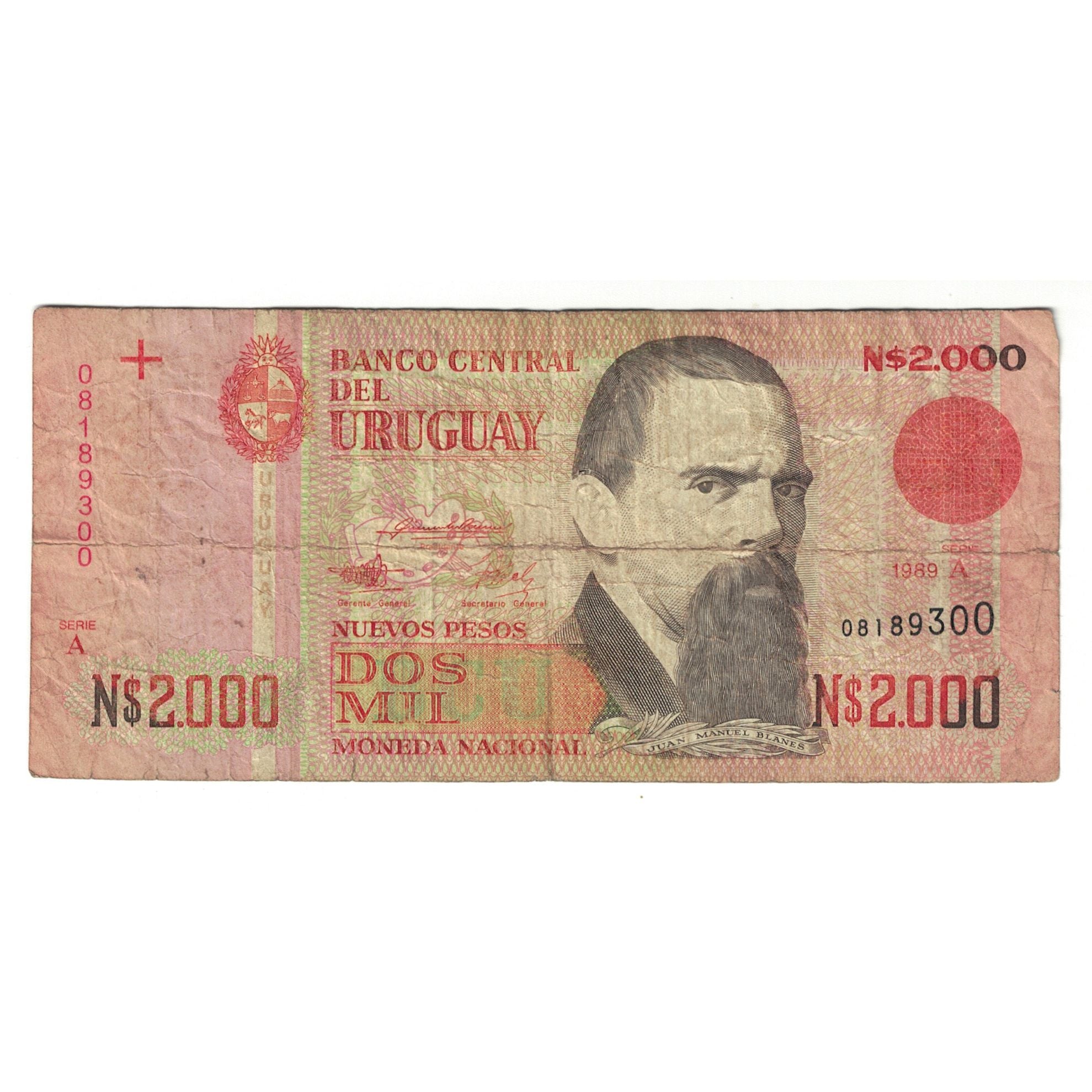 Billete, 2000 Nuevos Pesos, 1989, Uruguay, KM:68a, BC