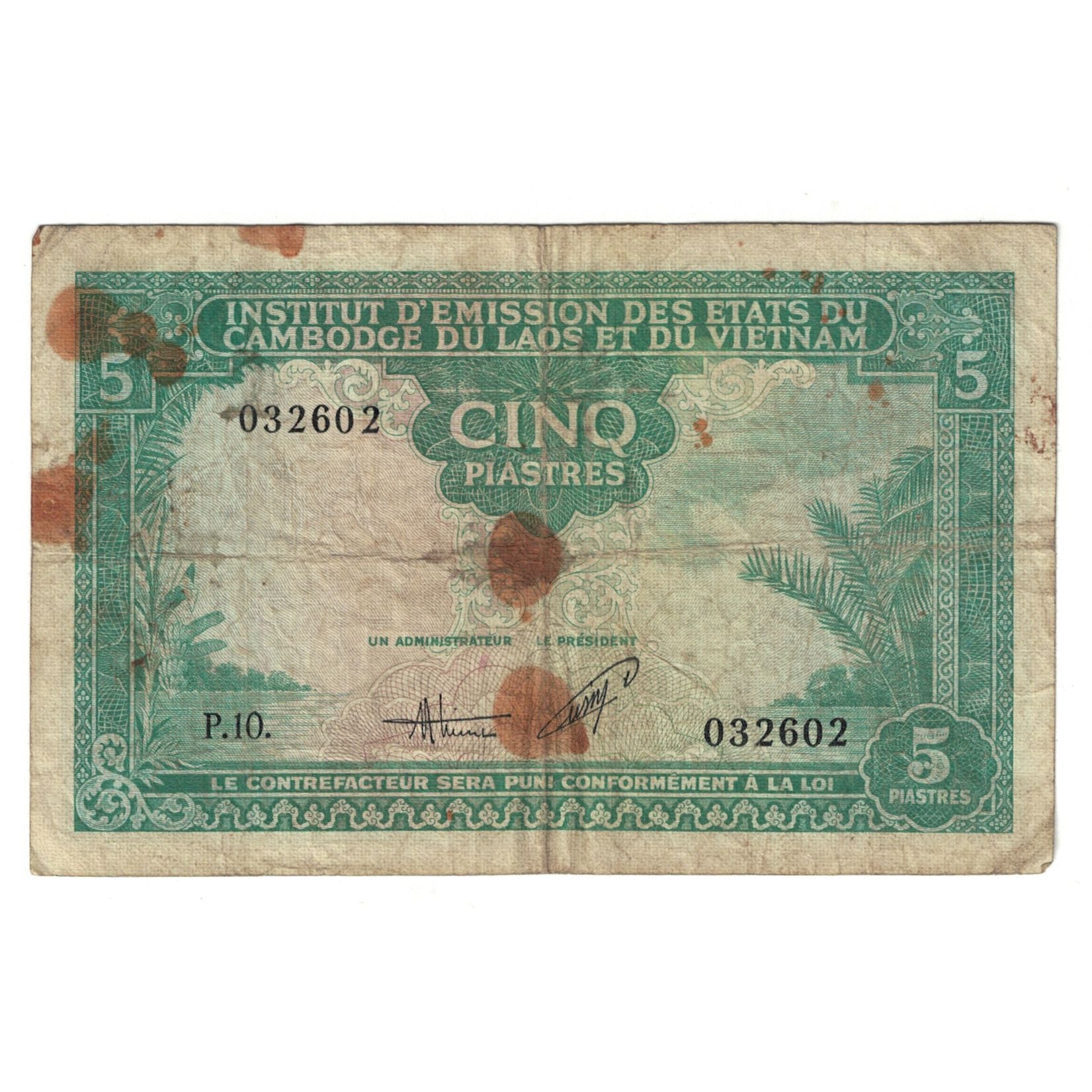 Billet, Indochine française, 5 Piastres = 5 Riels, Undated (1953), KM:95, TB