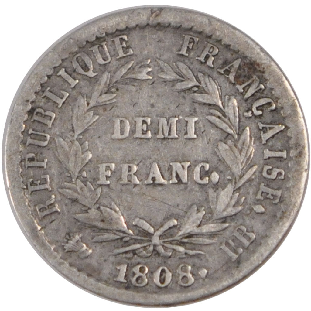 FRANCE, Napoléon I, 1/2 Franc, 1808, Strasbourg, KM #680.3, EF(40-45), Silver, G