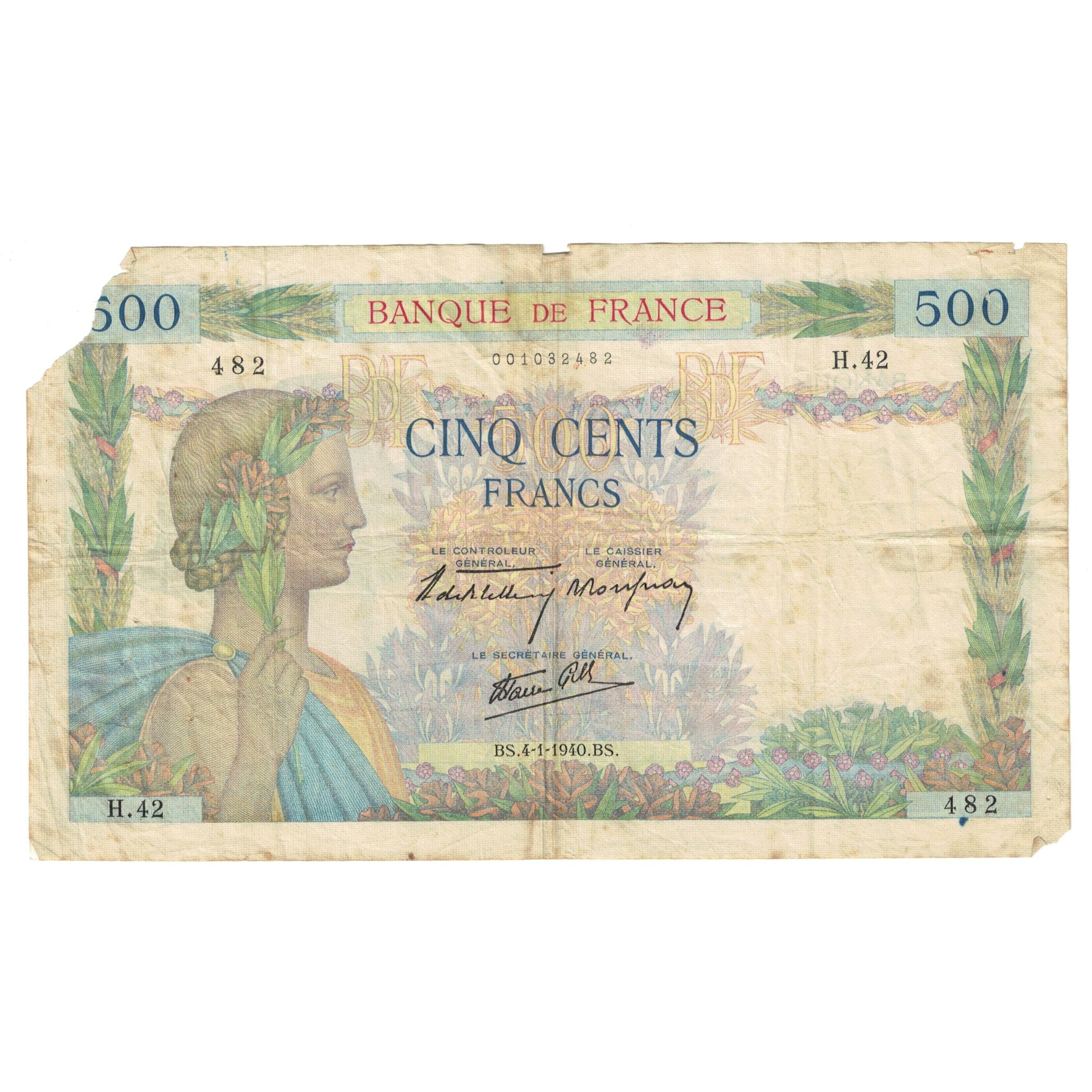 Francia, 500 Francs, 1940, H.42482, B+, Fayette:32.1, KM:95a