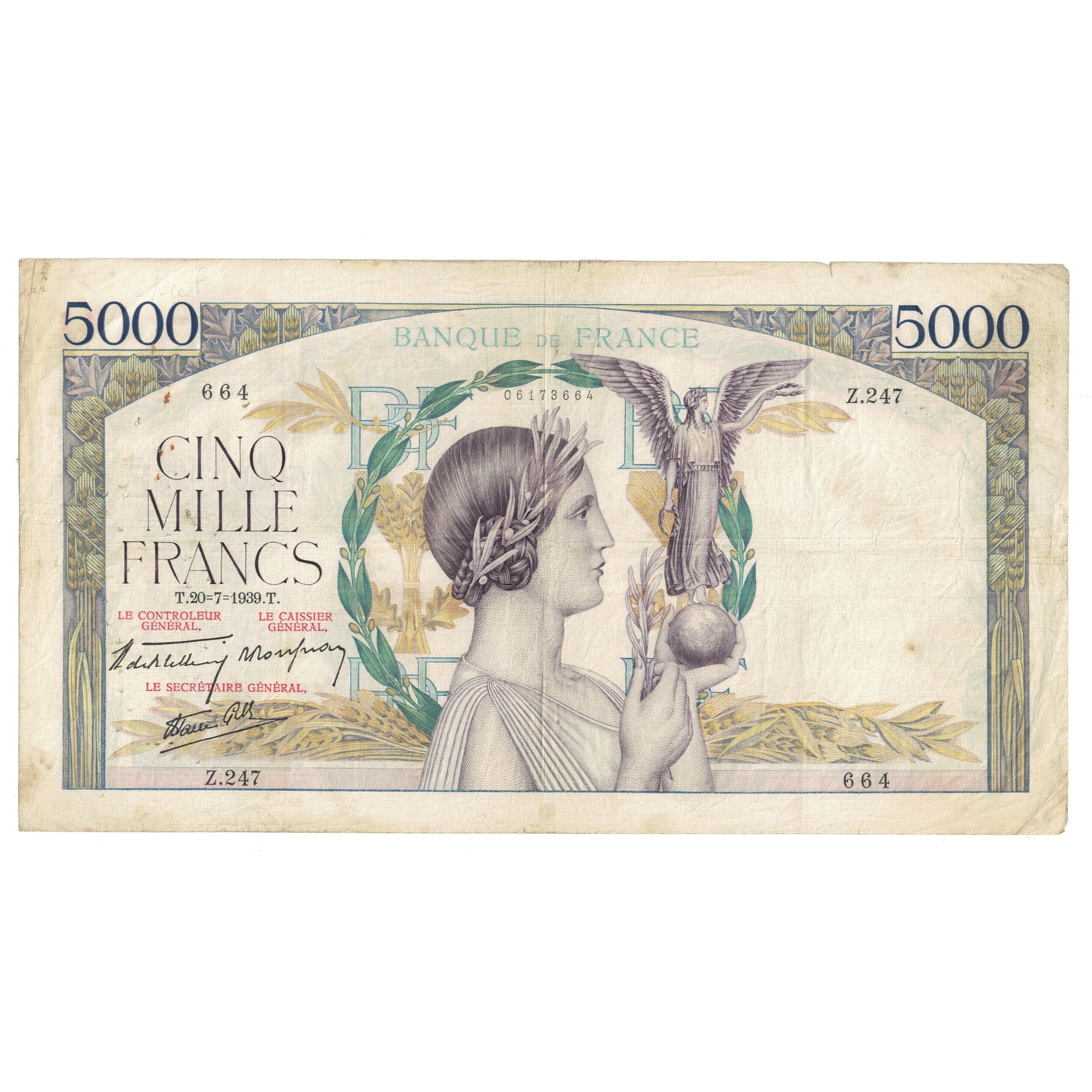 France, 5000 Francs, Victoire, 1934, Z.247 664, VF(20-25), Fayette:46.8, KM:97a