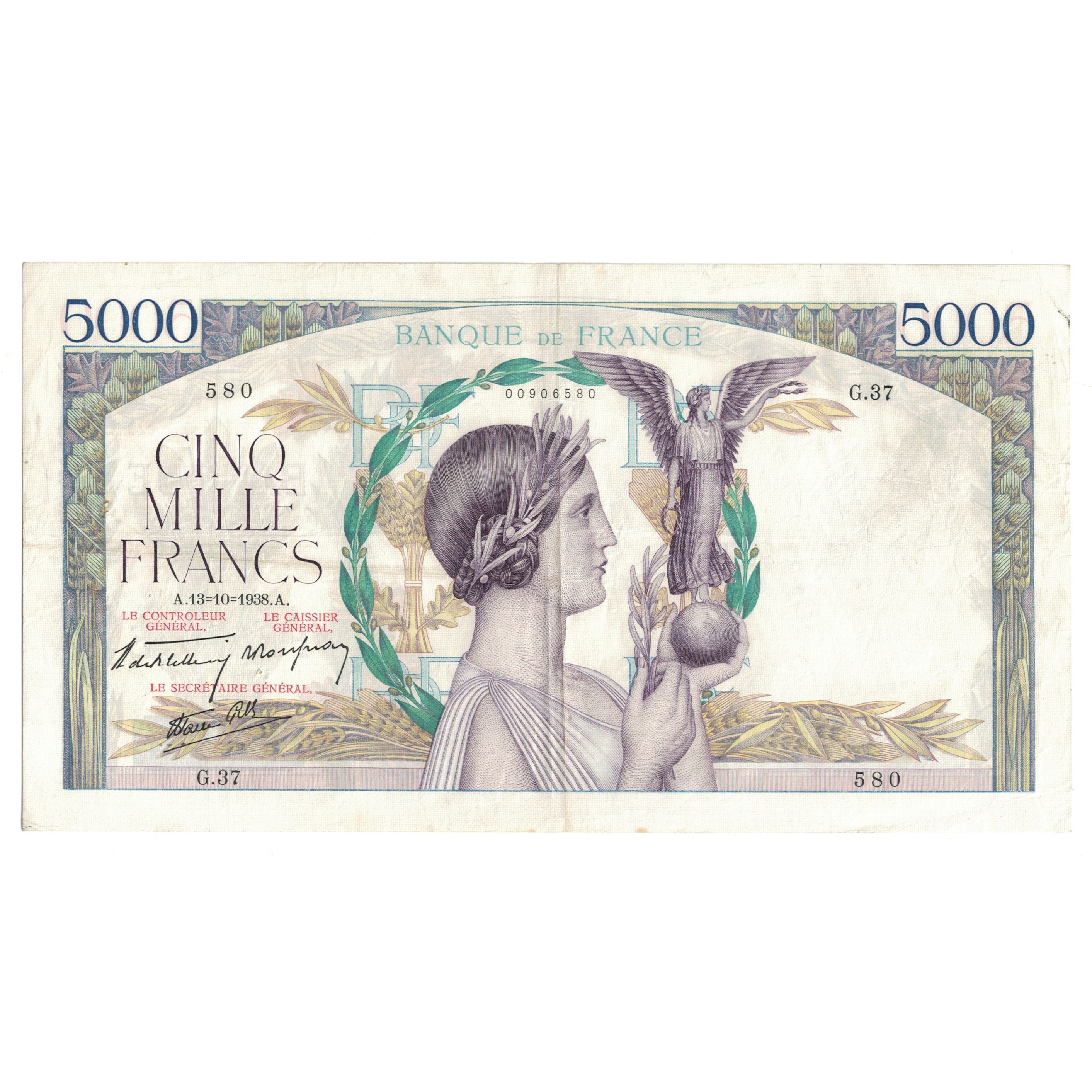 France, 5000 Francs, Victoire, 1938, G.37 580, TB+, Fayette:45.1, KM:91
