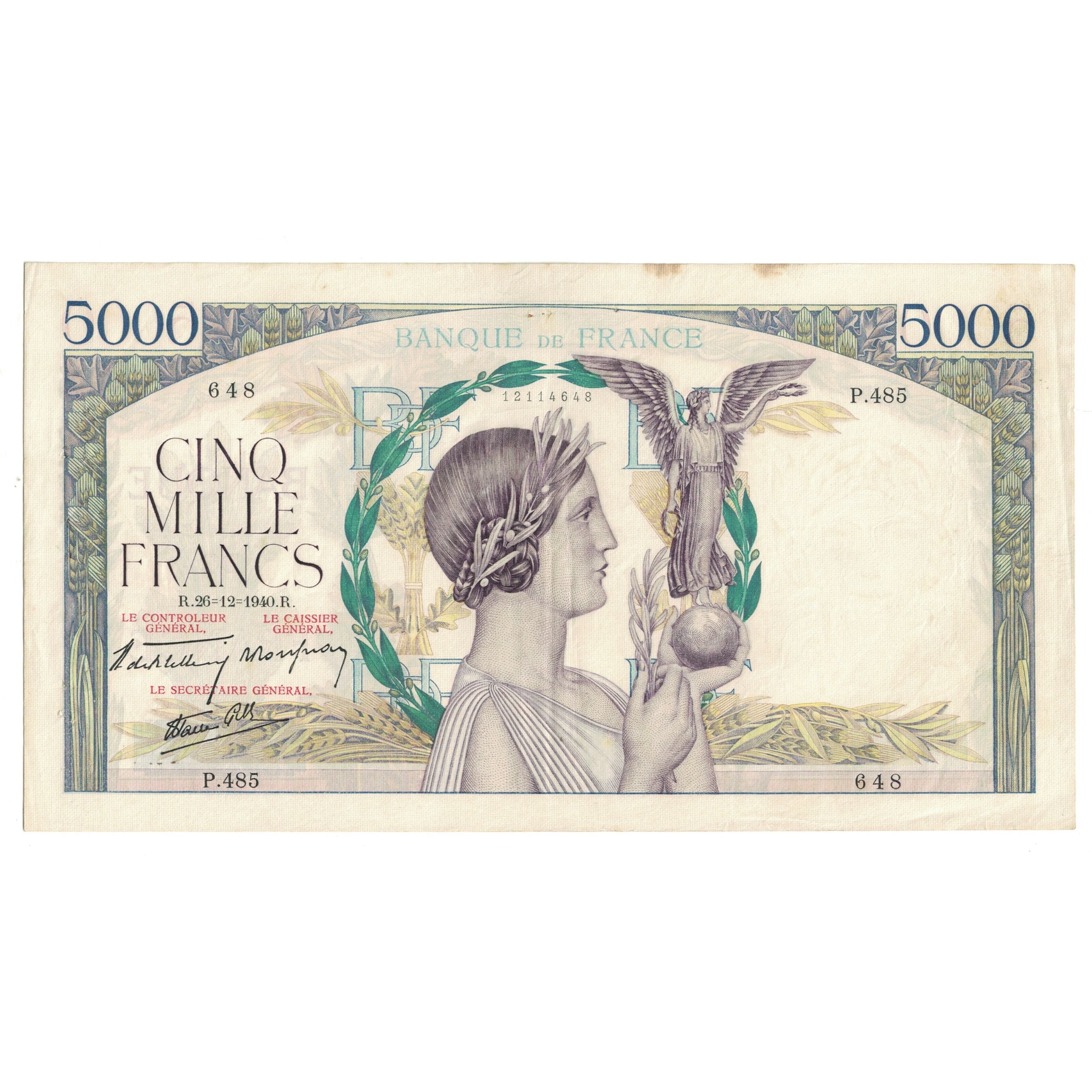 France, 5000 Francs, Victoire, 1940, P.485 648, TTB, Fayette:46.18, KM:97a