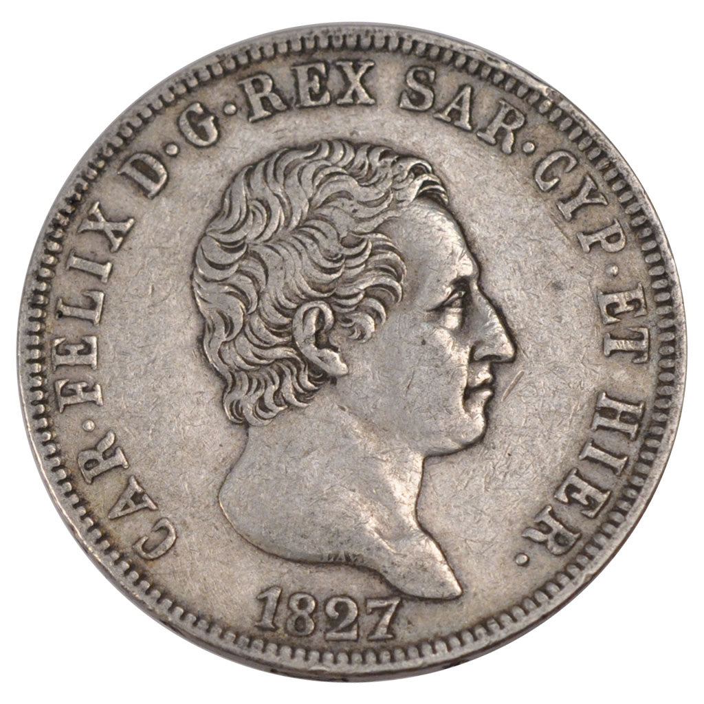 Italy, 5 Lire, 1827, Turin, KM #C#105.1, EF(40-45), Silver, 24.80