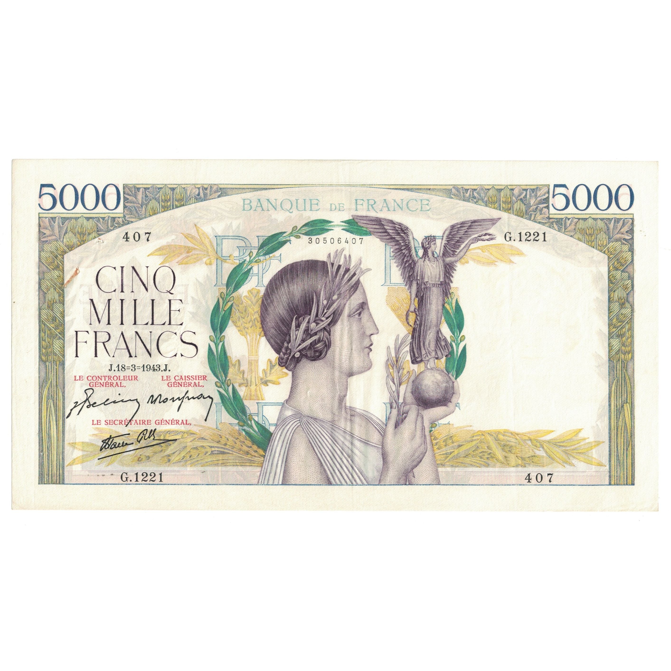 Francia, 5000 Francs, Victoire, 1943, G.1221 407, MBC, Fayette:46.49, KM:97d