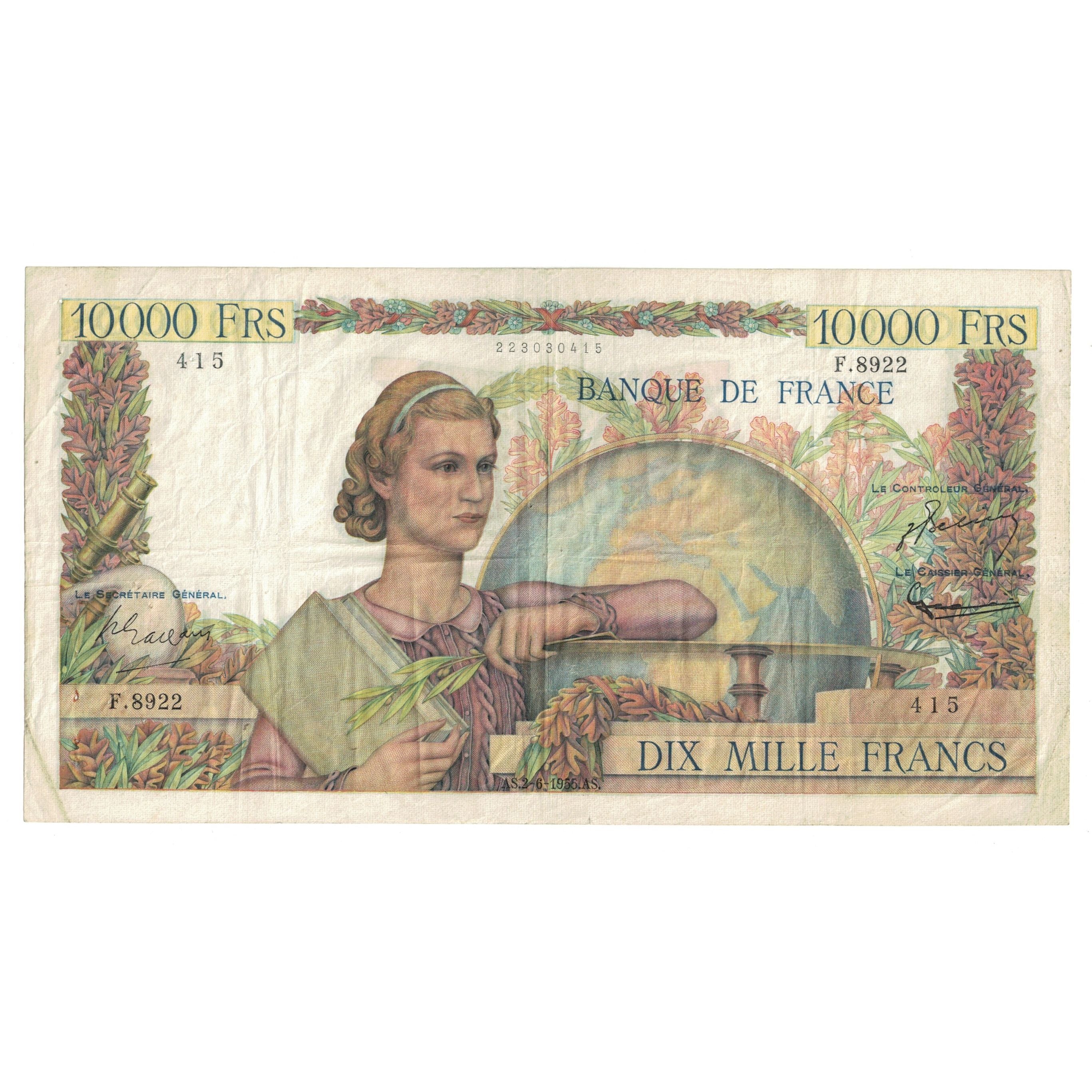 França, 10,000 Francs, Génie Français, 1955, F.8922 415, VF(30-35)