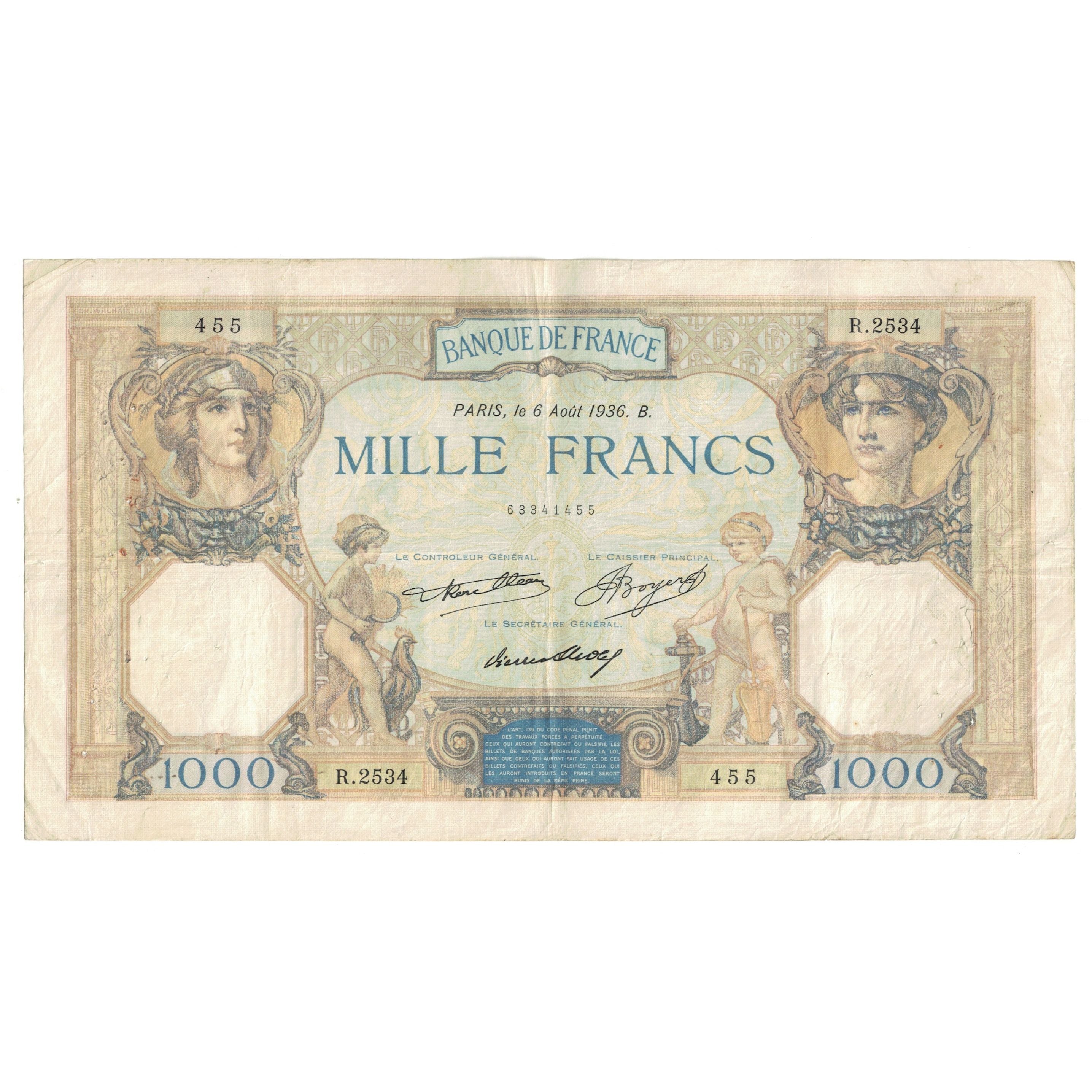 France, 1000 Francs, Cérès et Mercure, 1936, R.2534 455, VF(30-35)