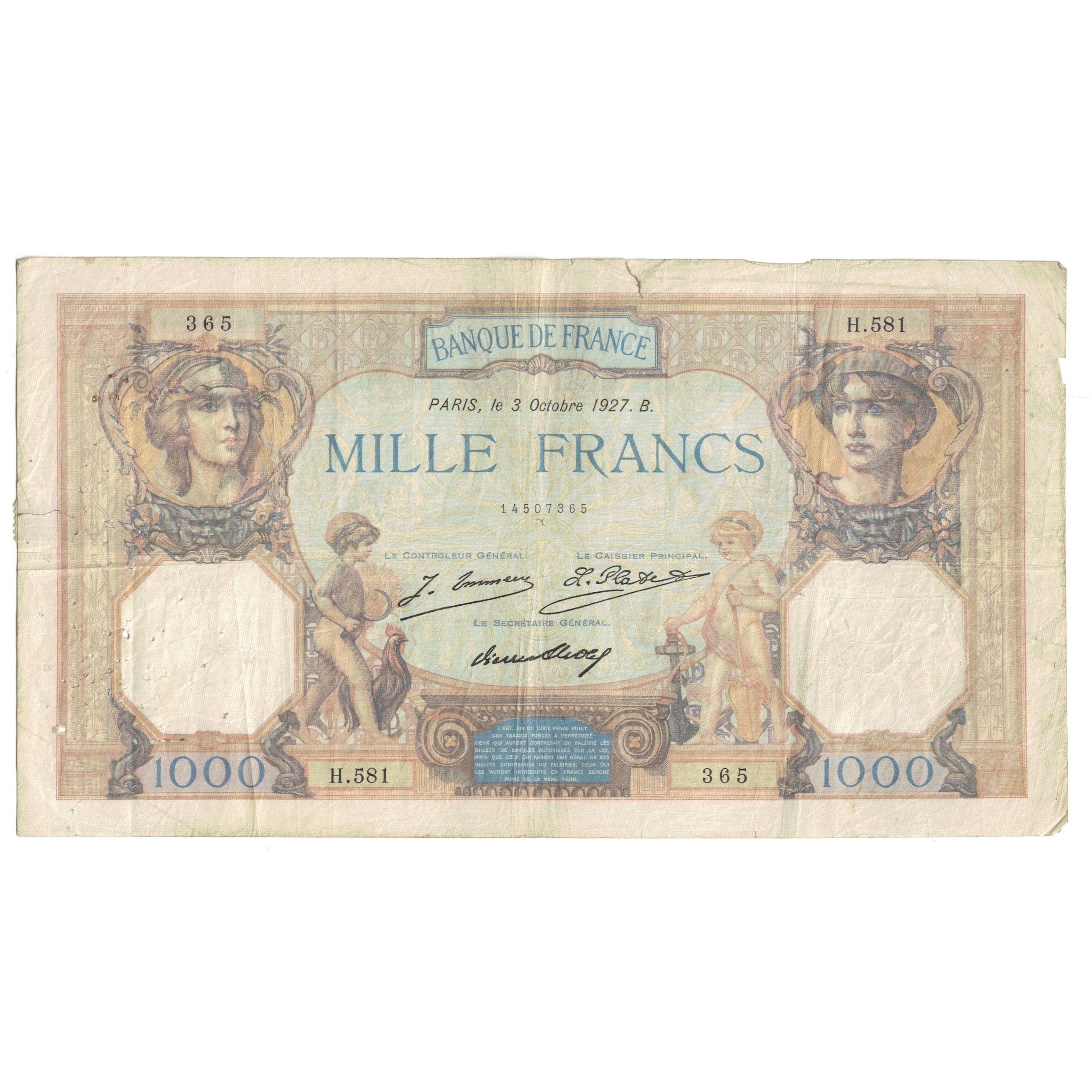 France, 1000 Francs, Cérès et Mercure, 1927, H.581 365, VF(20-25)