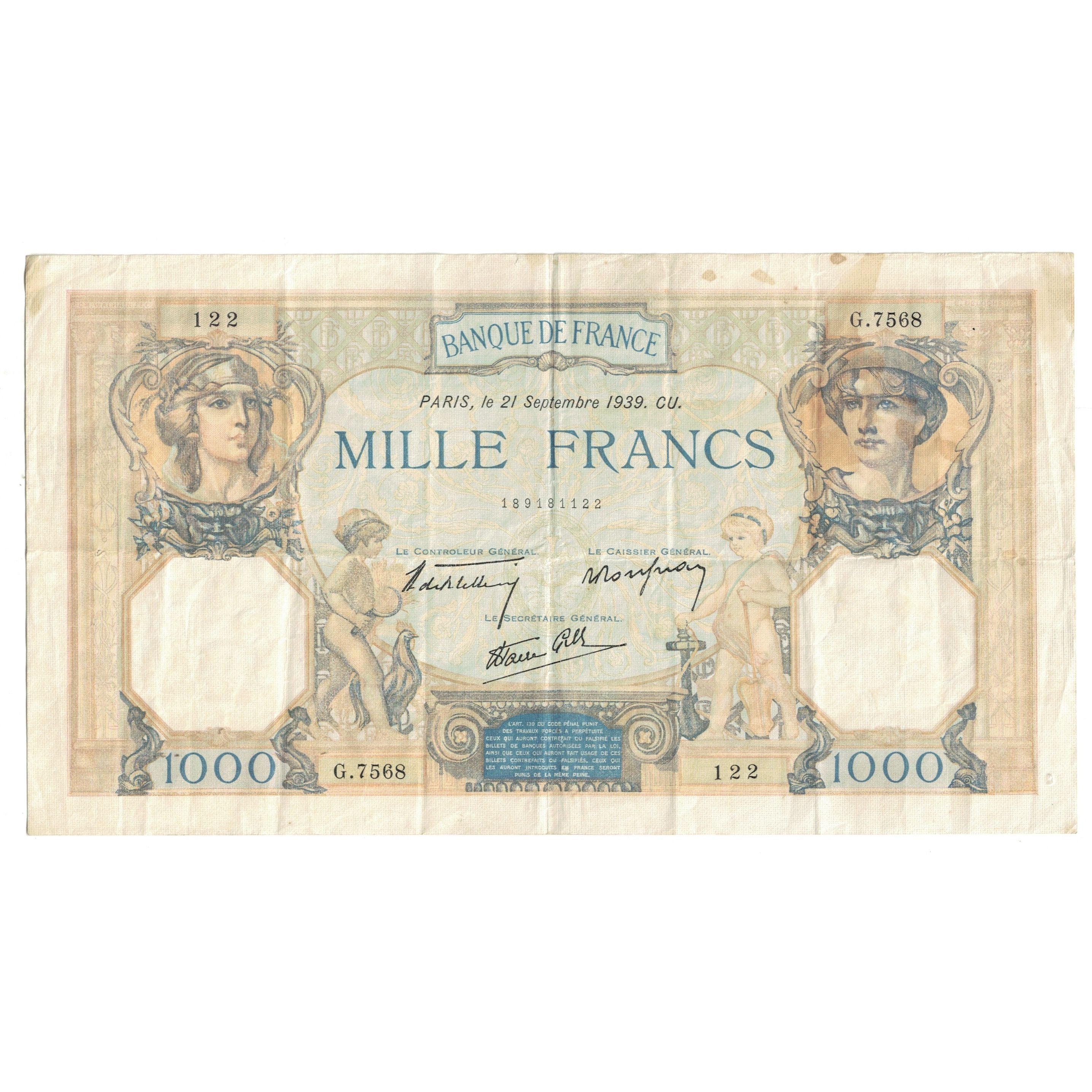 France, 1000 Francs, Cérès et Mercure, 1939, G.7568 122, EF(40-45)