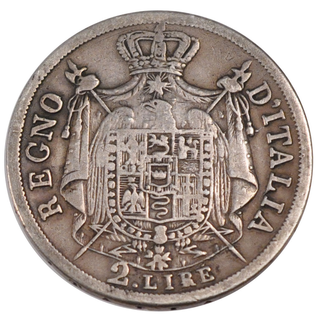 ITALIAN STATES, 2 Lire, 1810, Milan, KM #9.1, VF(20-25), Silver, 9.71