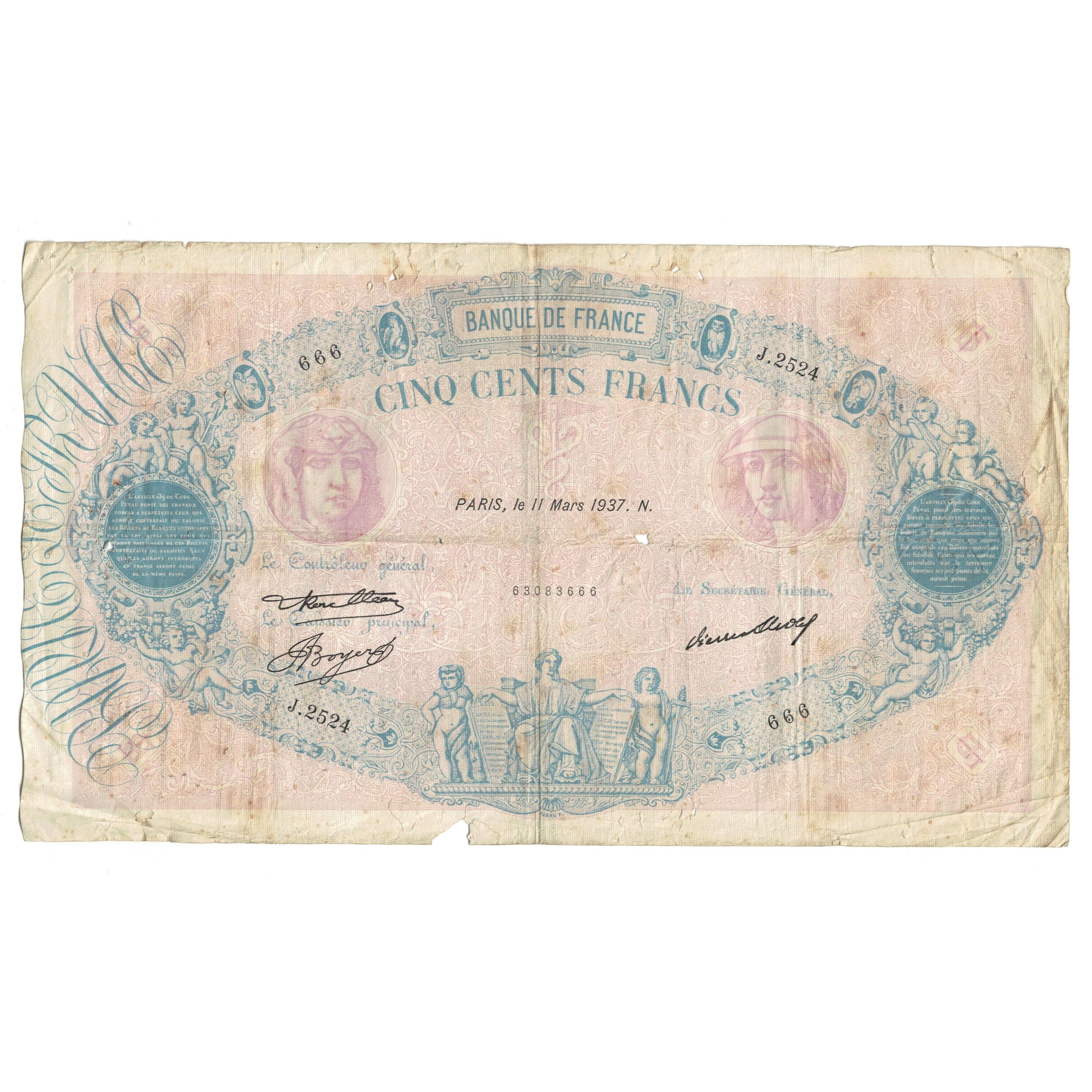 Frankrijk, 500 Francs, Bleu et Rose, 1937, J.2524 666, B+, Fayette:30.38, KM:66m