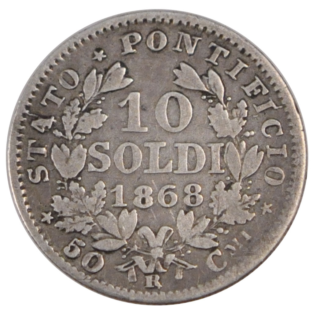 ITALIAN STATES, 10 Soldi, 50 Centesimi, 1868, Roma, KM #1386.1, EF(40-45),...