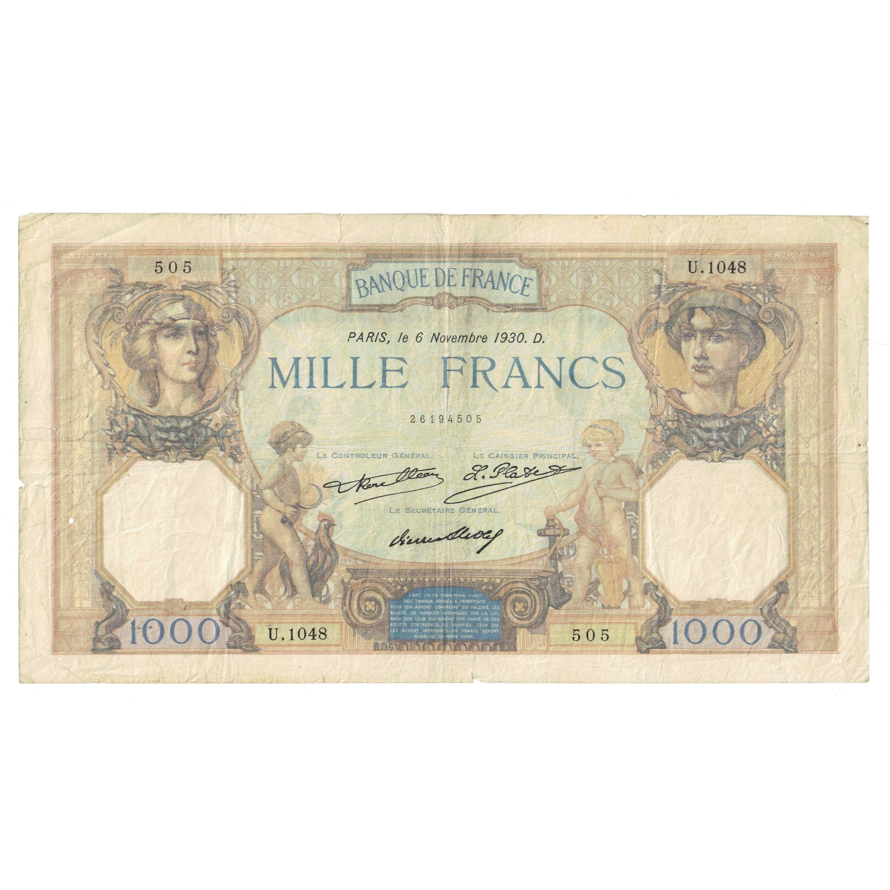 France, 1000 Francs, Cérès et Mercure, 1930, U.1048 505, VF(30-35)