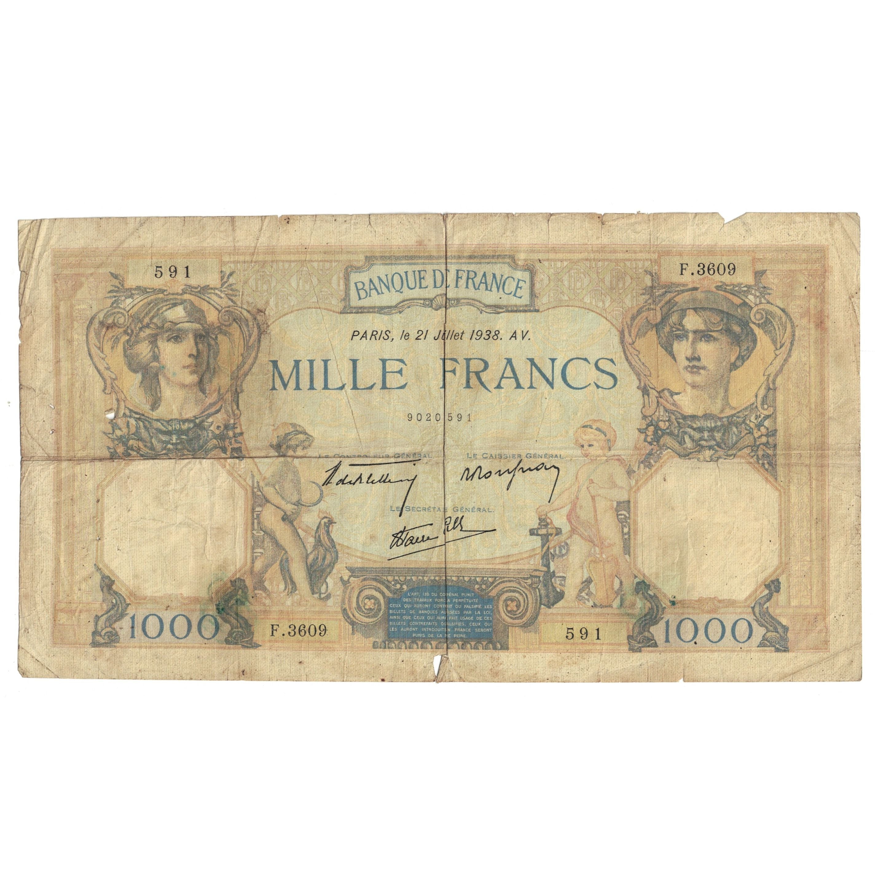 France, 1000 Francs, Cérès et Mercure, 1938, F.3609 591, B+, Fayette:38.24