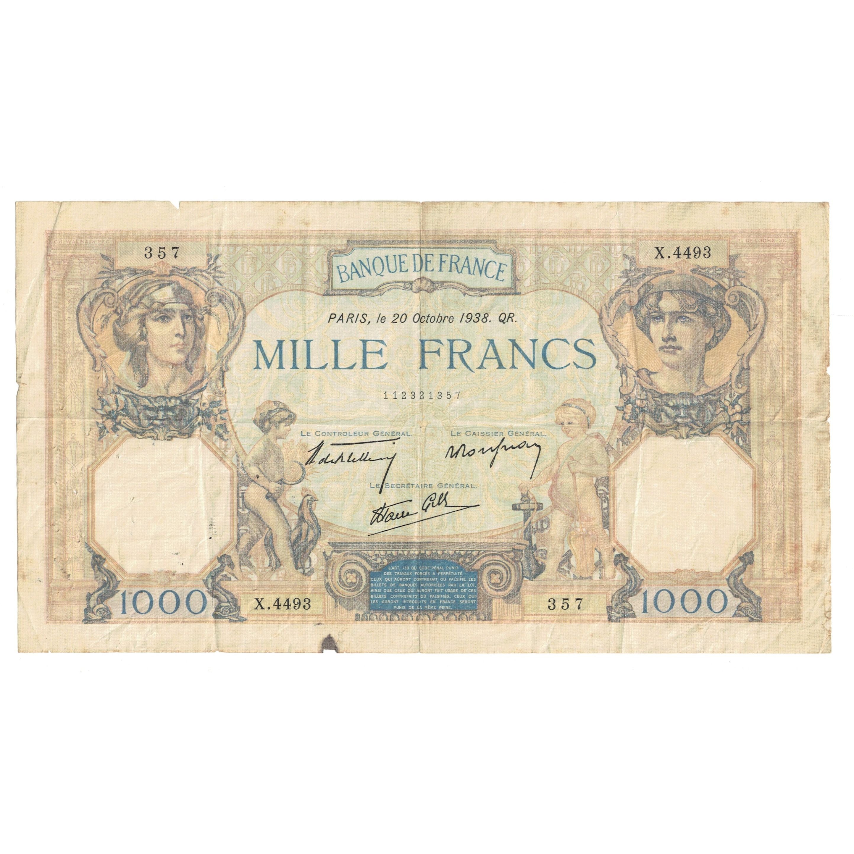 France, 1000 Francs, Cérès et Mercure, 1938, X.4493 357, VF(20-25)
