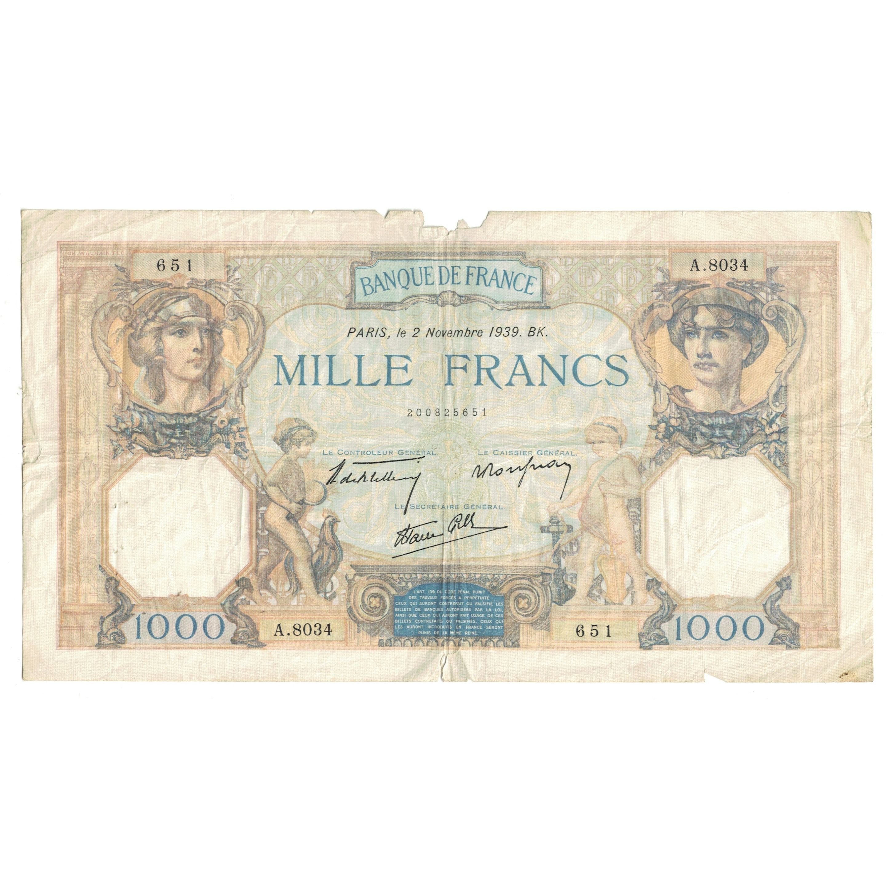 France, 1000 Francs, Cérès et Mercure, 1939, A.8034 651, VF(20-25)