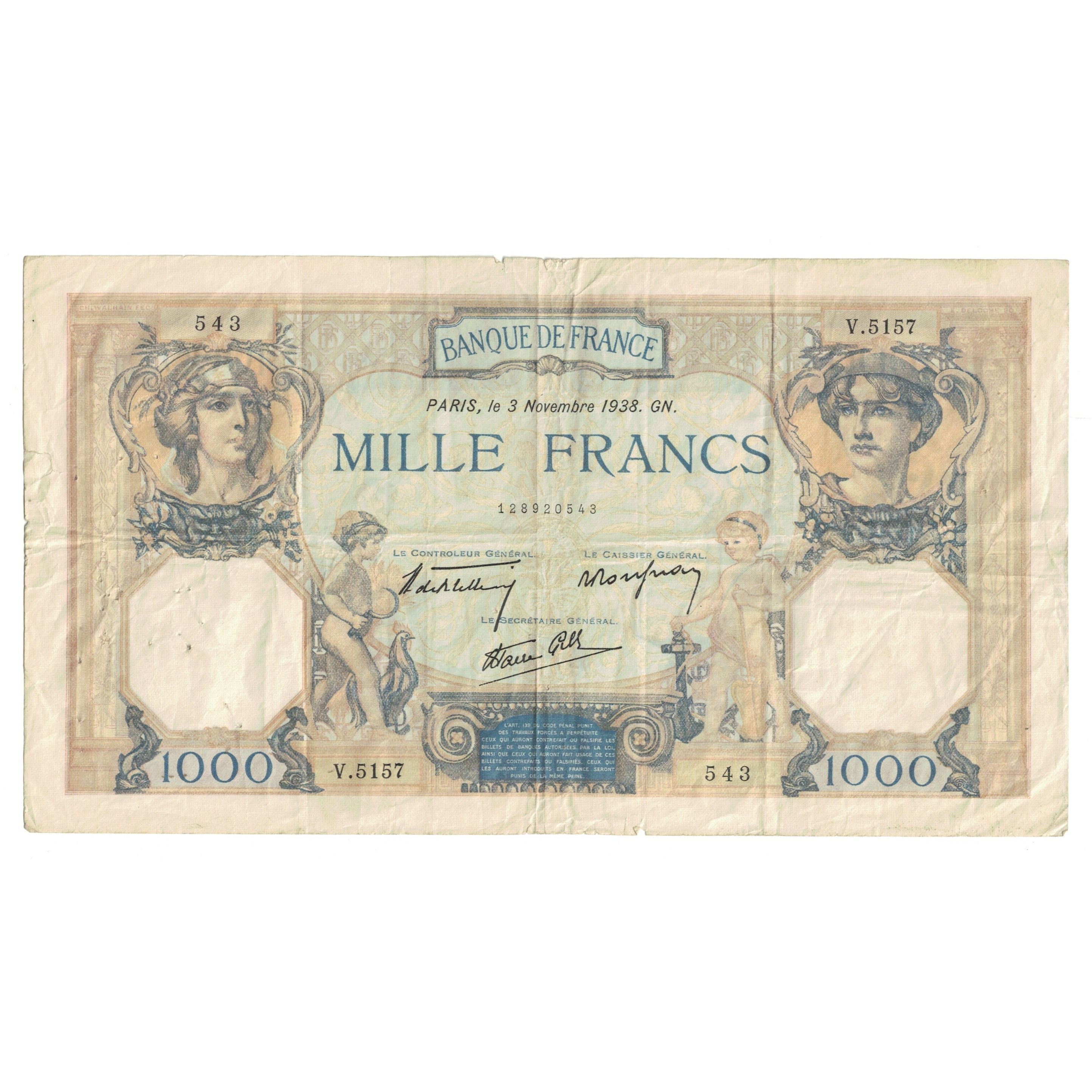 France, 1000 Francs, Cérès et Mercure, 1938, V.5157 543, EF(40-45)