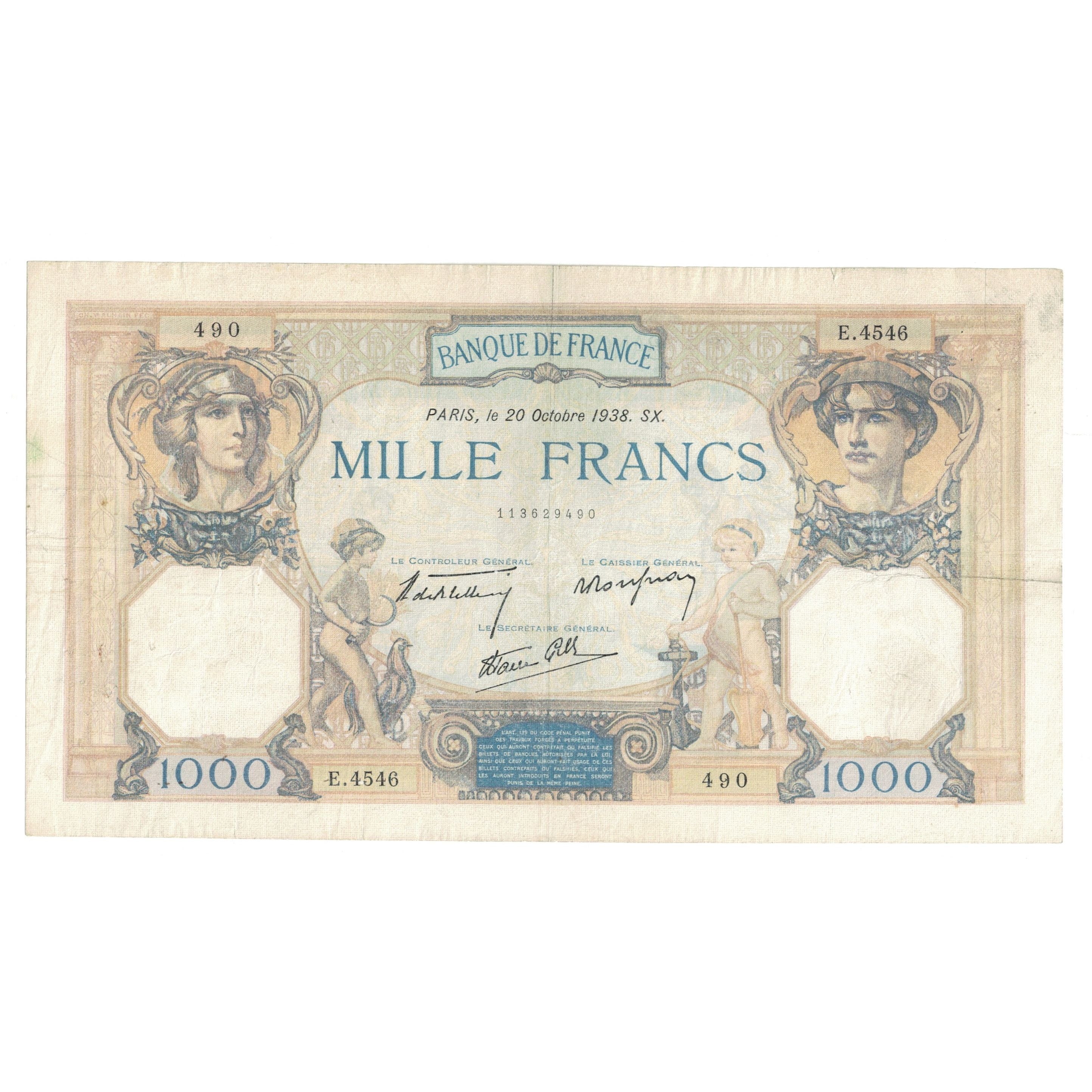 France, 1000 Francs, Cérès et Mercure, 1938, E.4546 490, EF(40-45)