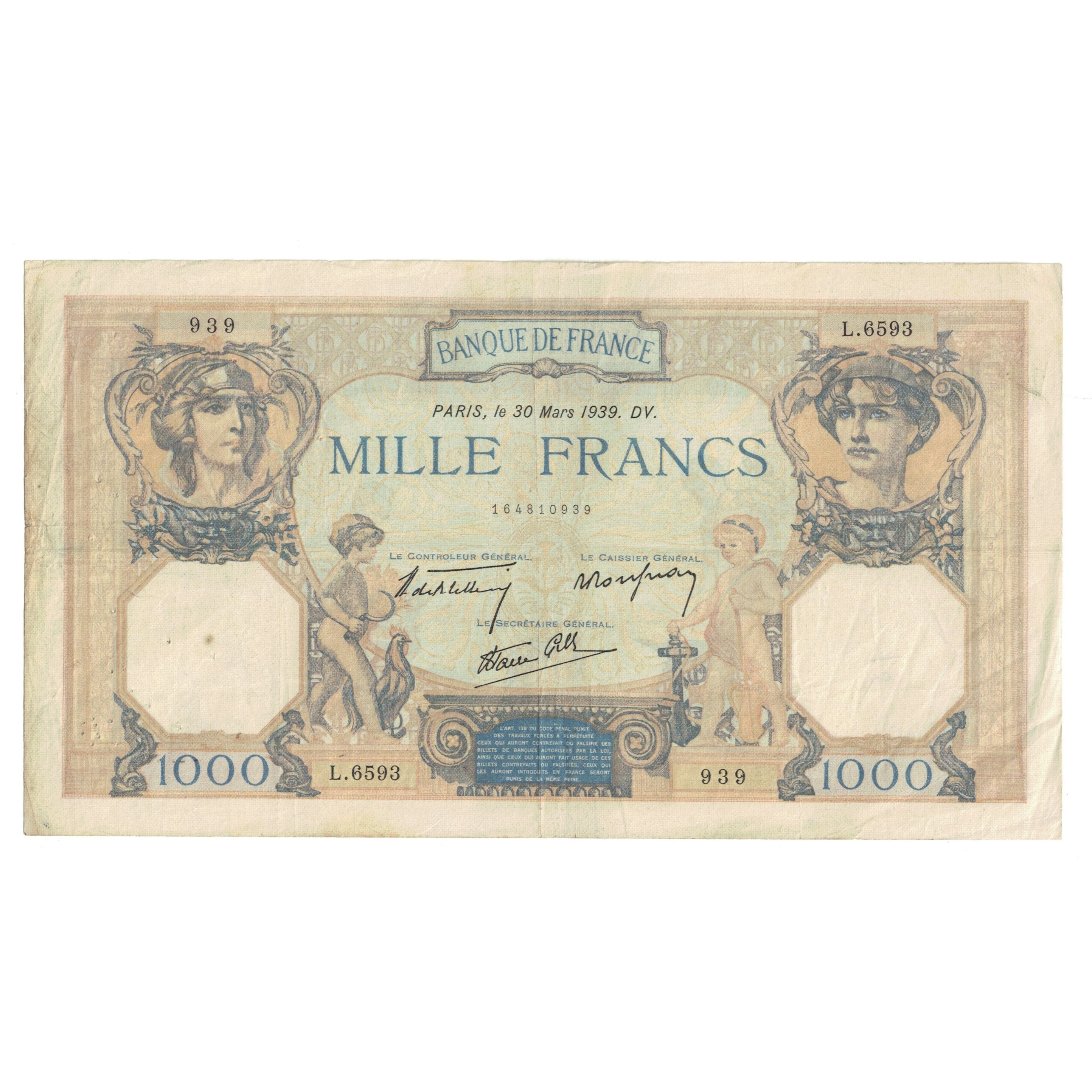 France, 1000 Francs, Cérès et Mercure, 1939, L.6593 939, EF(40-45)
