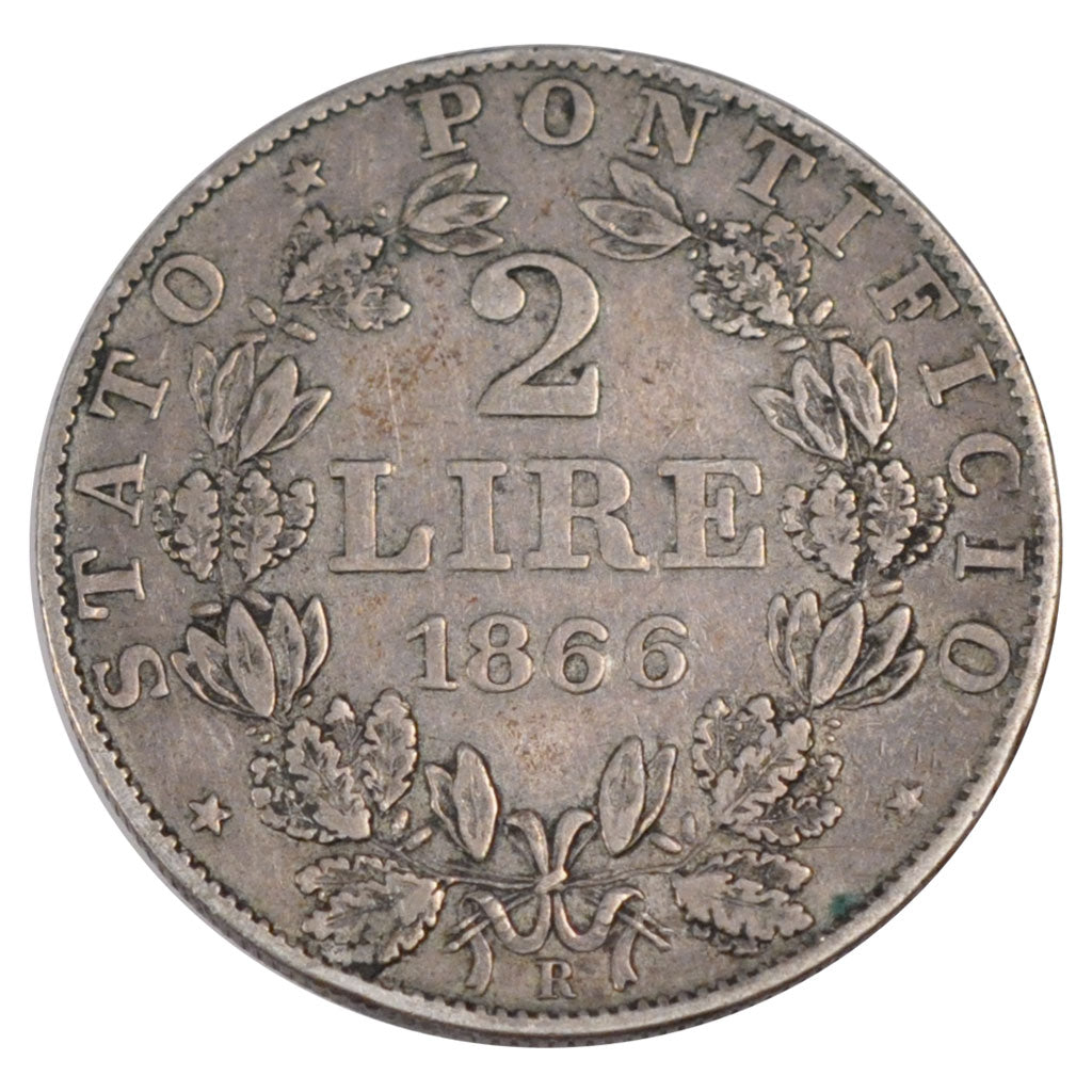 ITALIAN STATES, 2 Lire, 1866, Roma, KM #1379.2, VF(30-35), Silver, 9.84