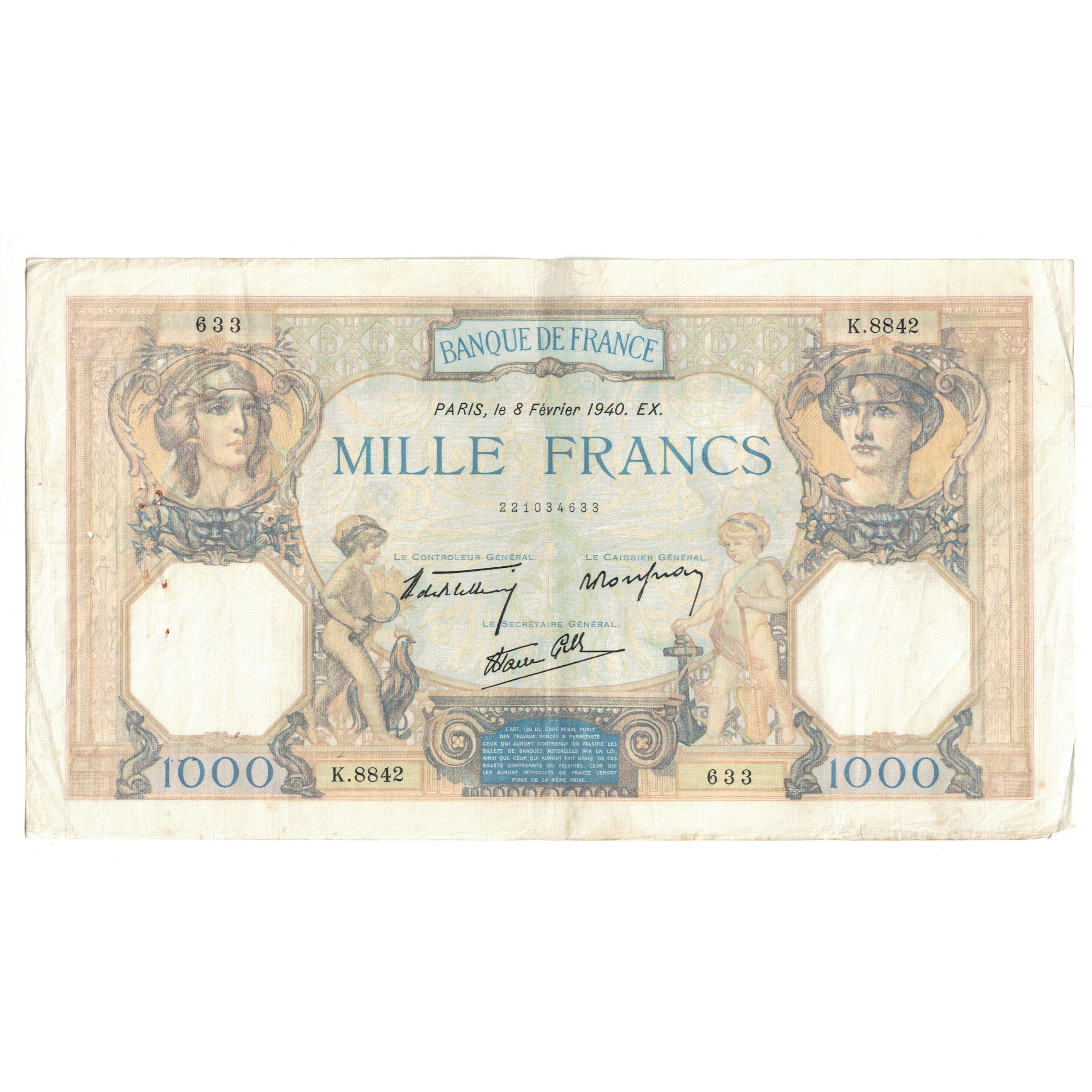 France, 1000 Francs, Cérès et Mercure, 1940, K.8842 633, EF(40-45)