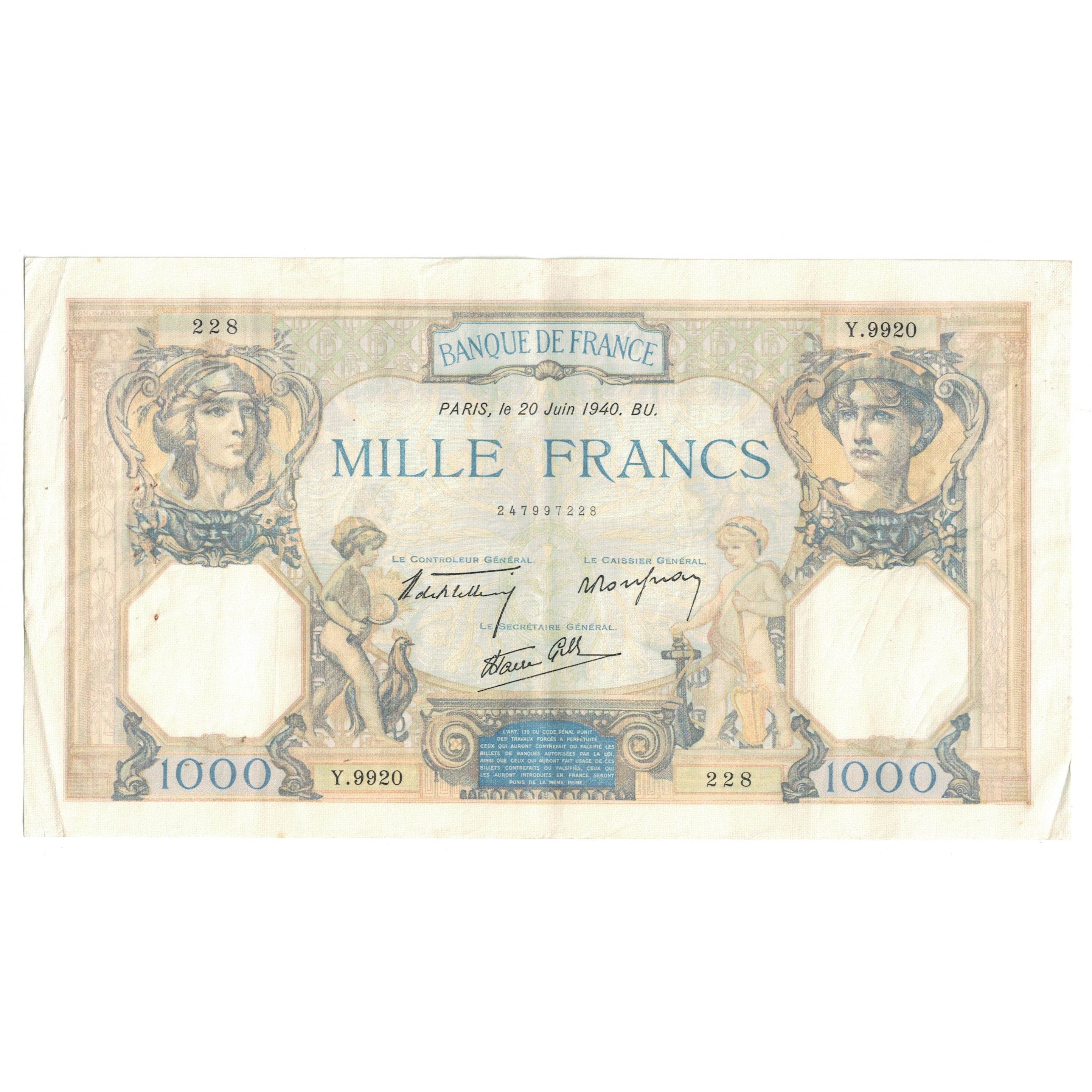 França, 1000 Francs, Cérès et Mercure, 1940, Y.9920 228, EF(40-45)