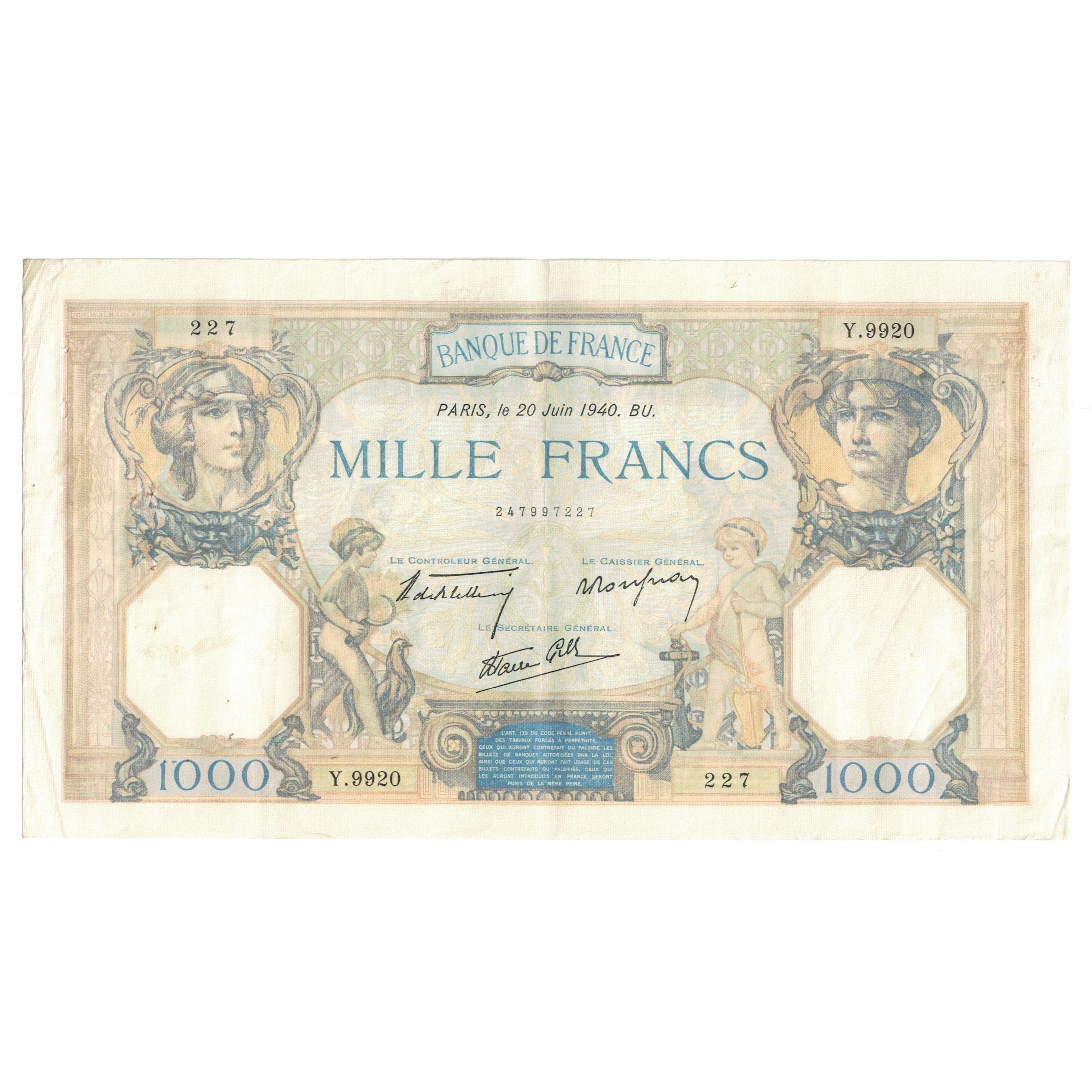 France, 1000 Francs, Cérès et Mercure, 1940, Y.9920 227, EF(40-45)