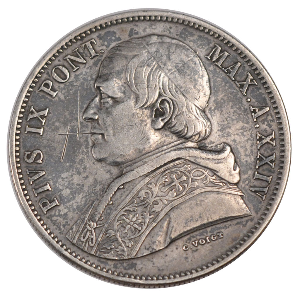 ITALIAN STATES, 5 Lire, 1870, Roma, KM #1385, EF(40-45), Silver, 24.92