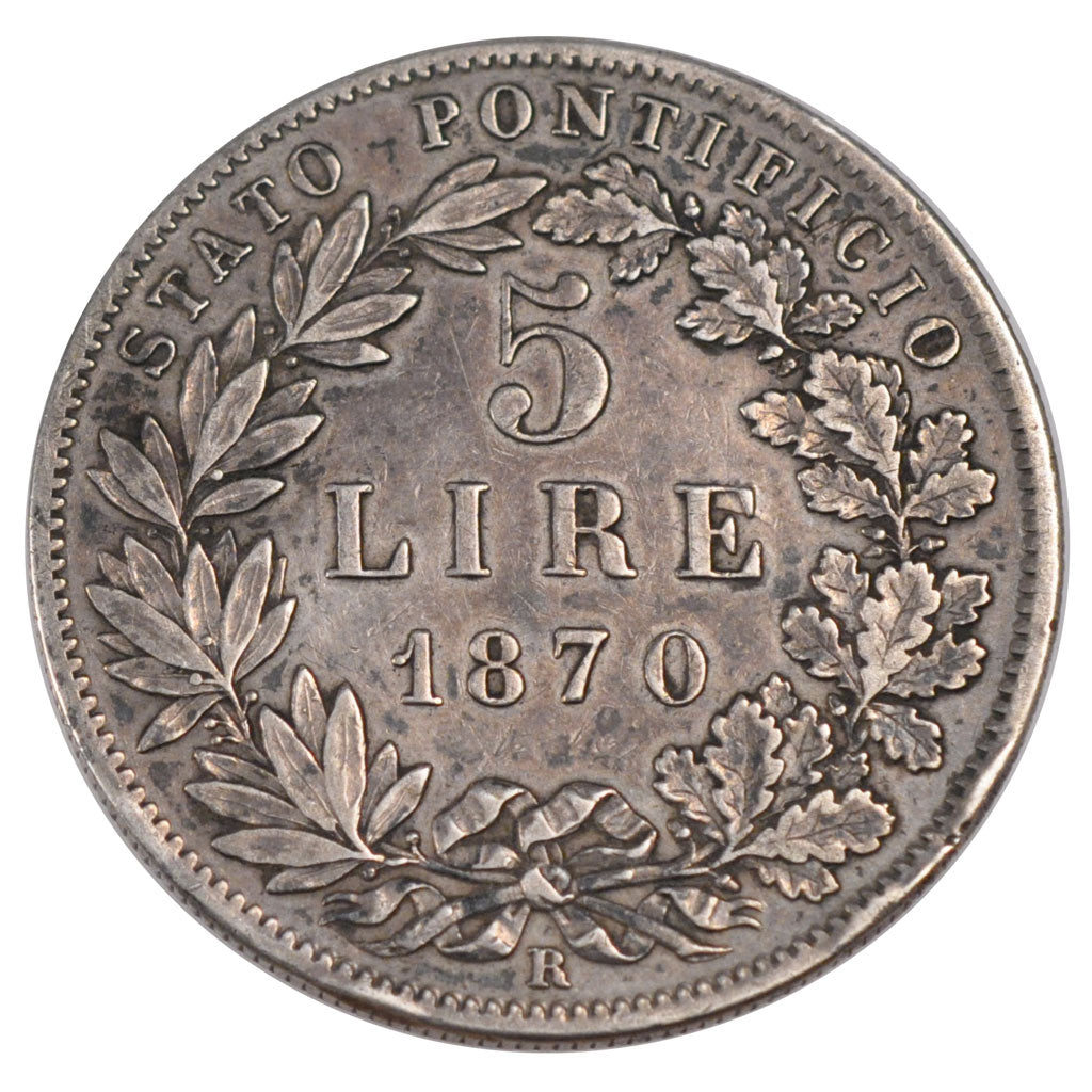 ITALIAN STATES, 5 Lire, 1870, Roma, KM #1385, EF(40-45), Silver, 24.92