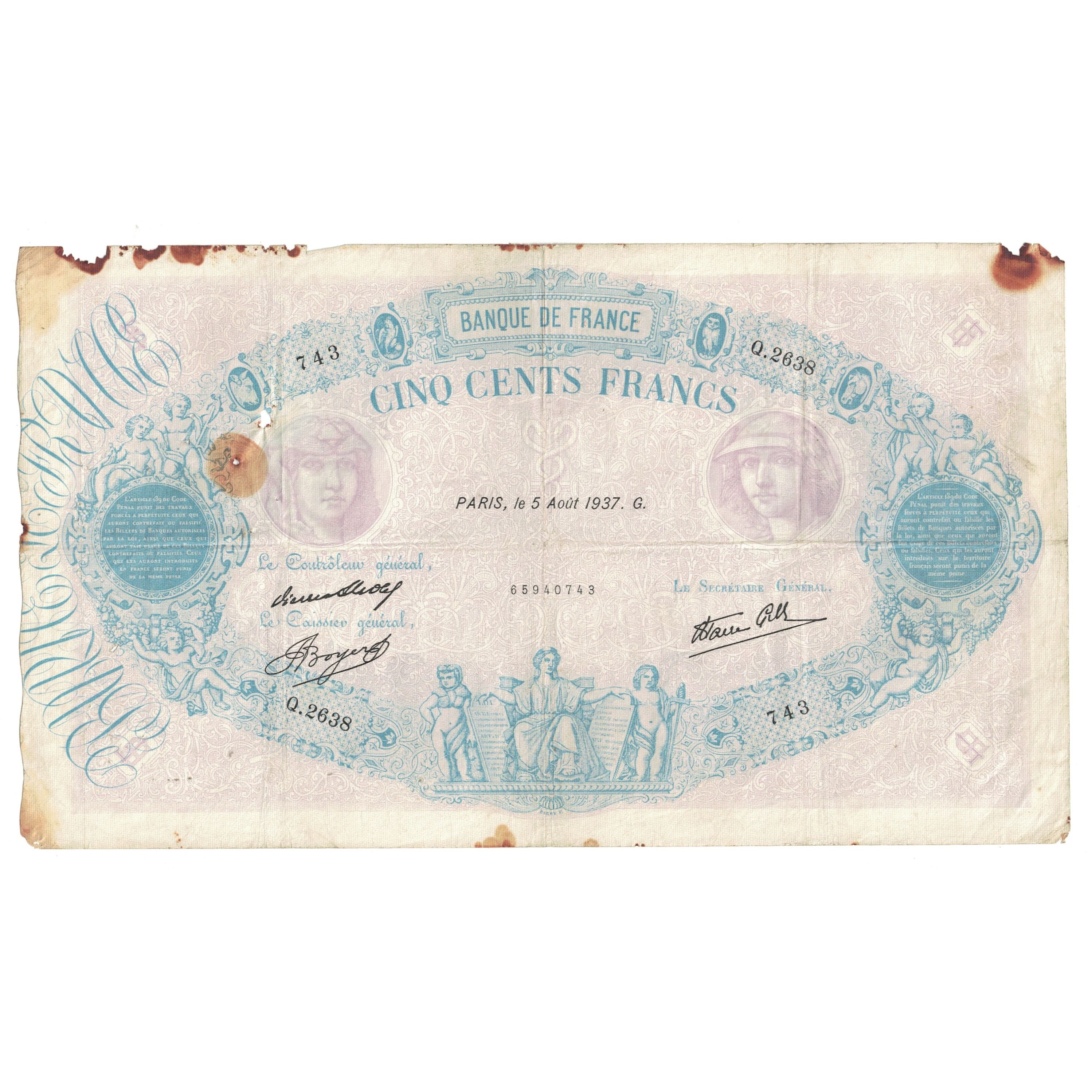 Francja, 500 Francs, Bleu et Rose, 1937, Q.2638 743, F(12-15), Fayette:31.1