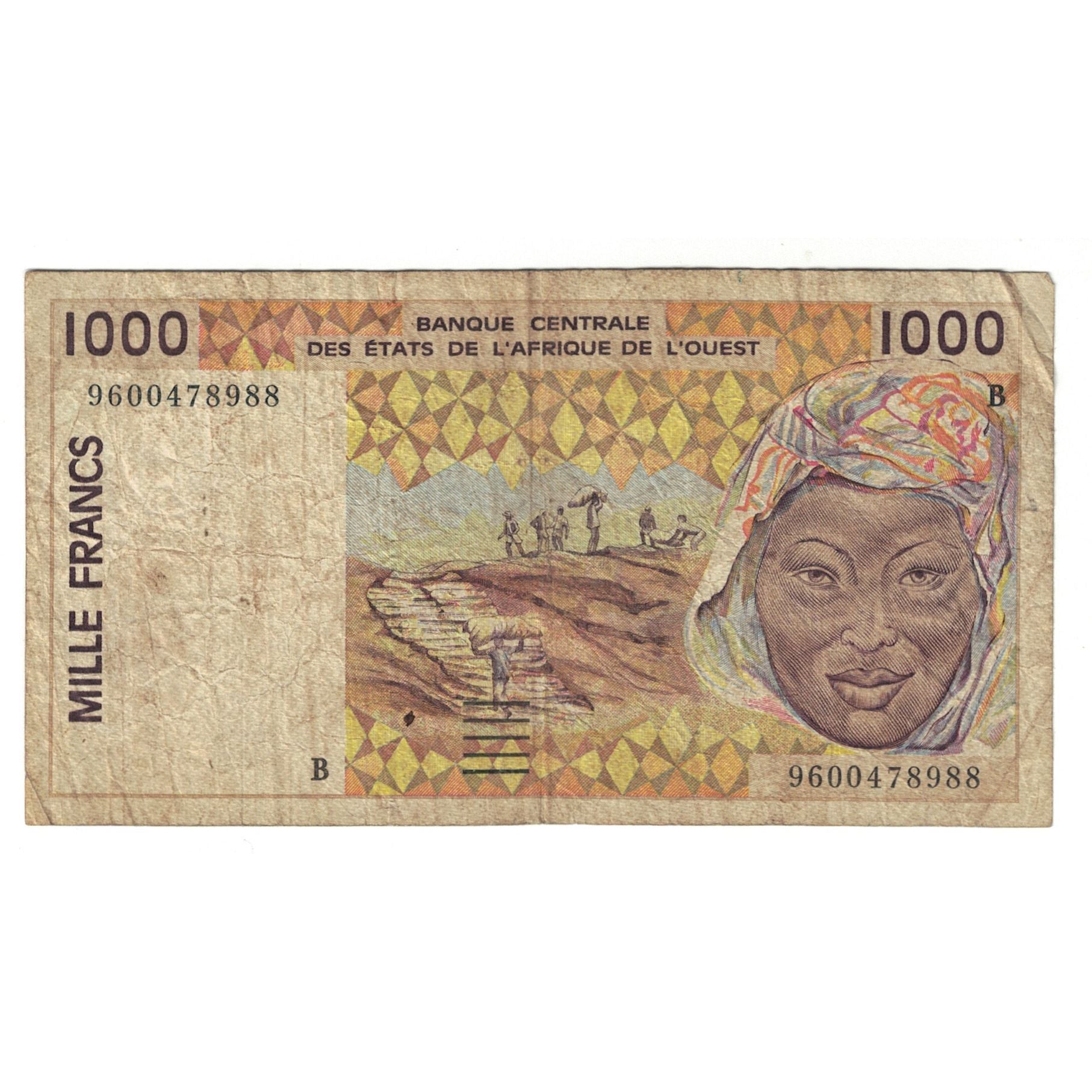 Banknote, West African States, 1000 Francs, KM:411Dh, VF(20-25)