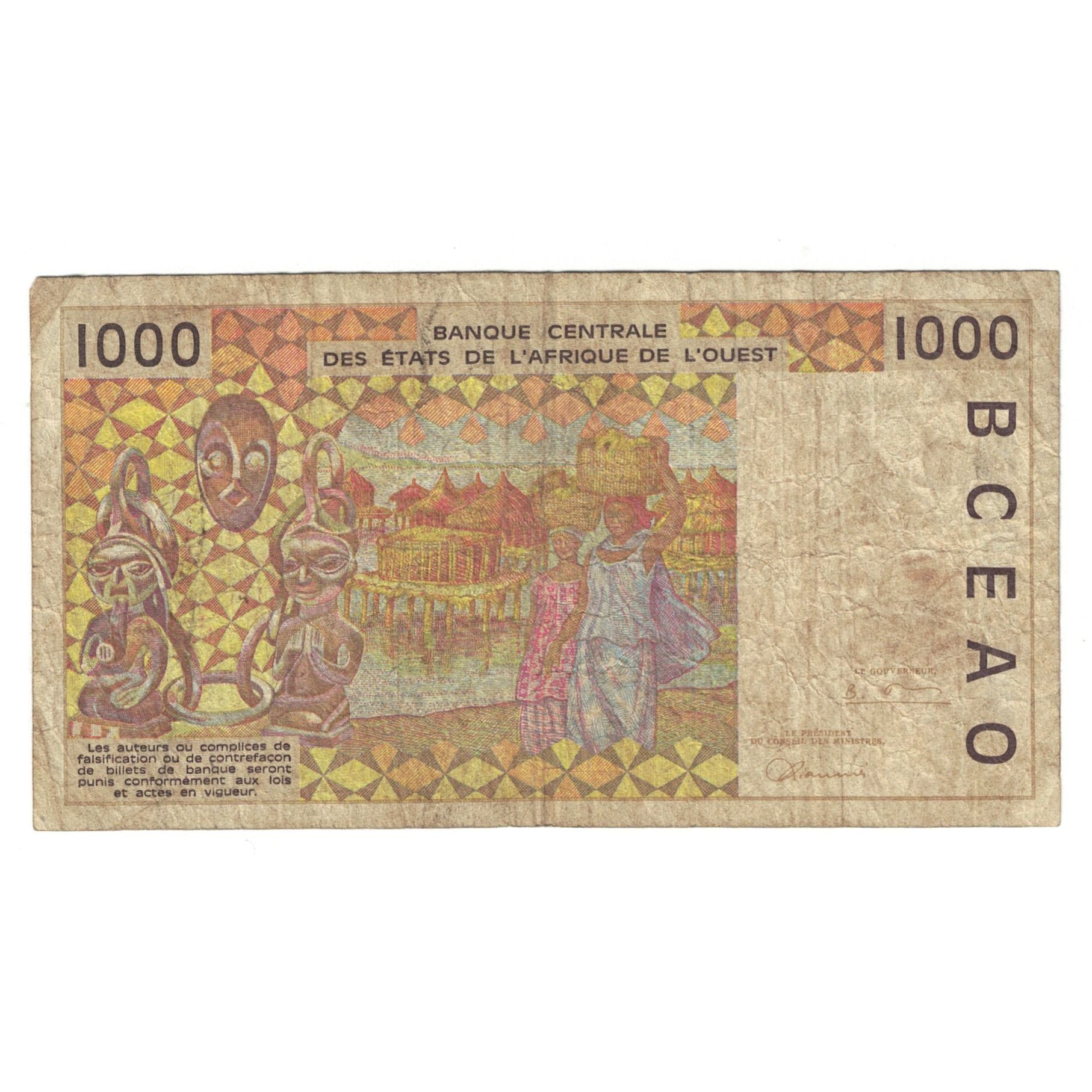 Banknote, West African States, 1000 Francs, KM:411Dh, VF(20-25)
