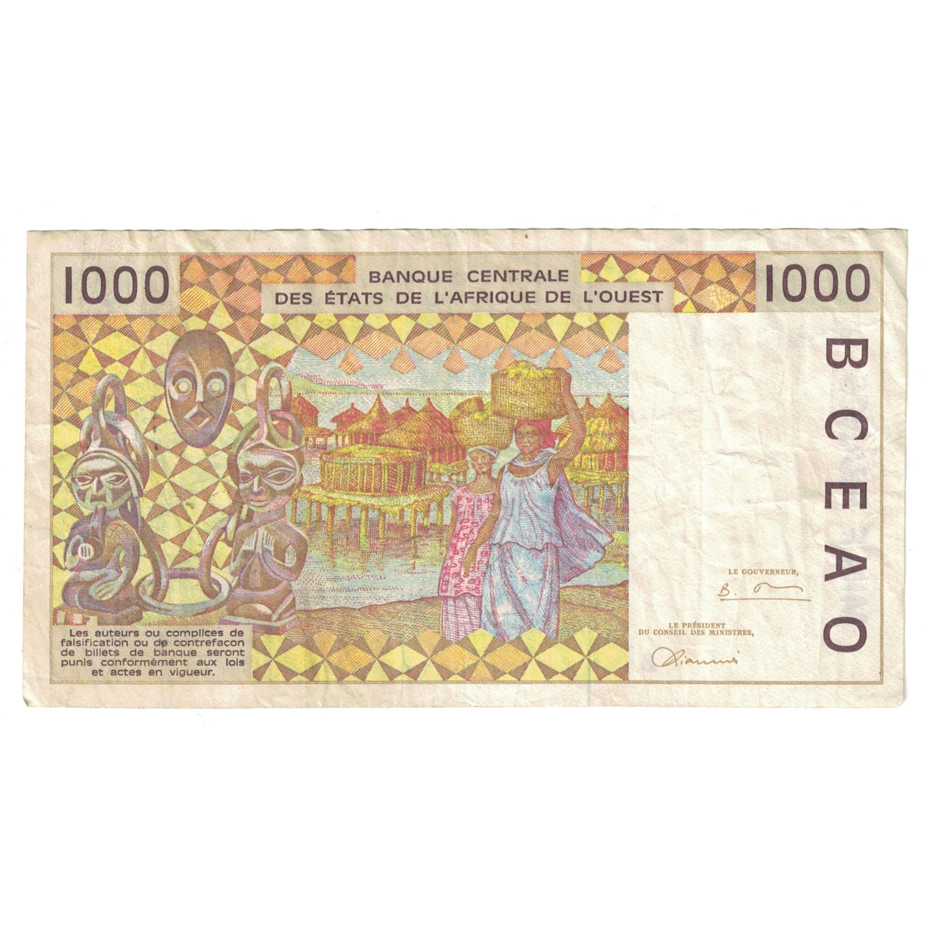 Banknote, West African States, 1000 Francs, KM:411Dh, EF(40-45)
